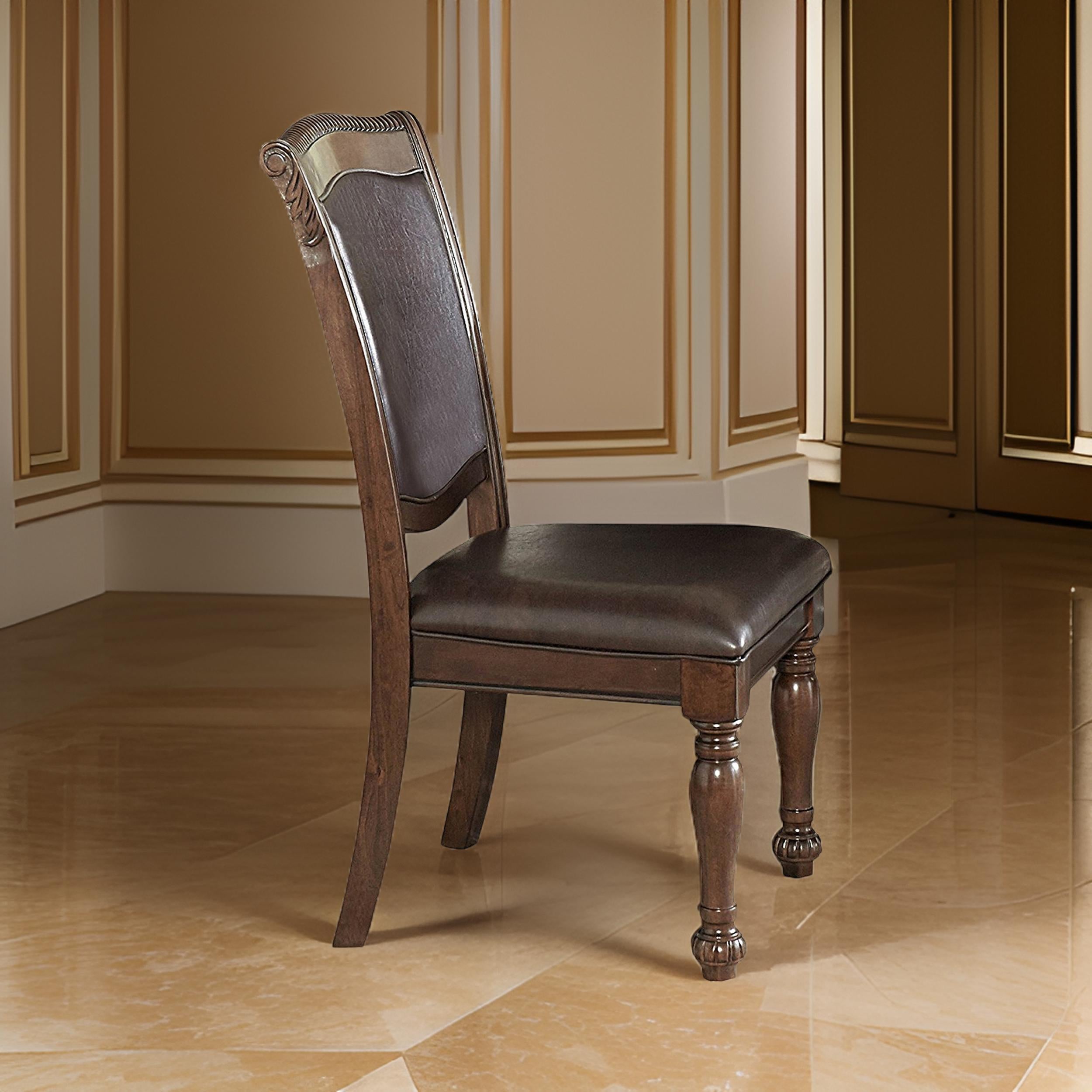 Benzara Wood & Leather Dining Side Chair, Cherry Brown & Dark Brown, Set of 2