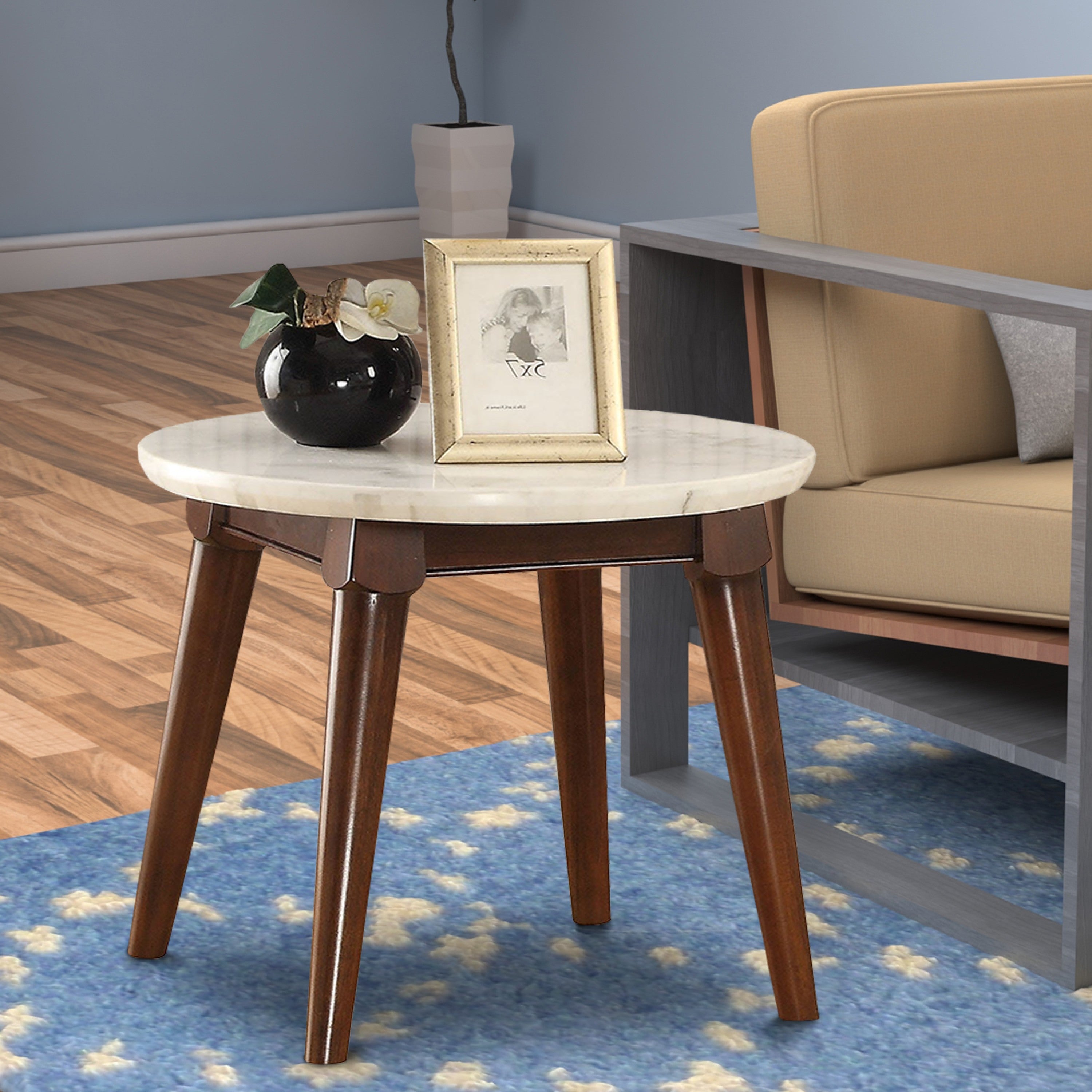 ACME Wooden Base End Table with Marble Top, Walnut Brown