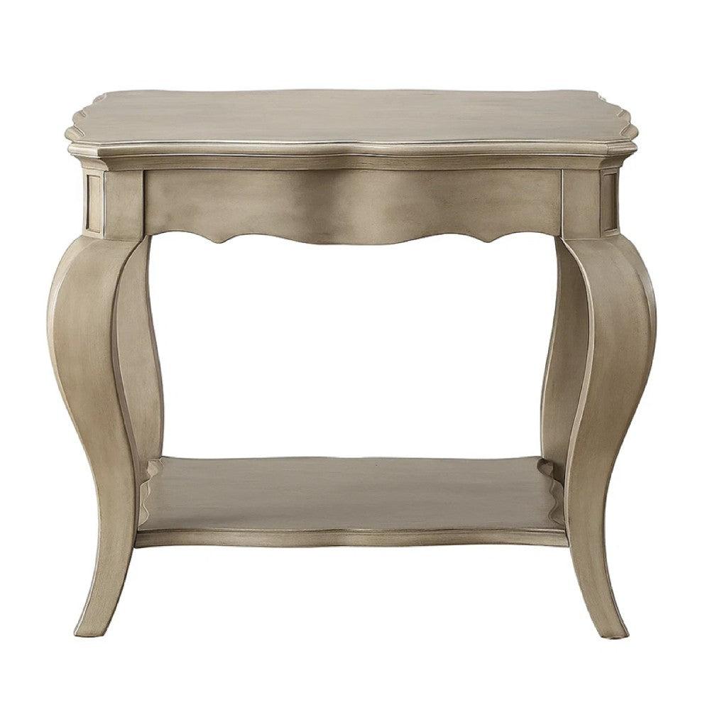 ACME Wooden End Table with Lower Shelf in Antique Taupe Silver Finish