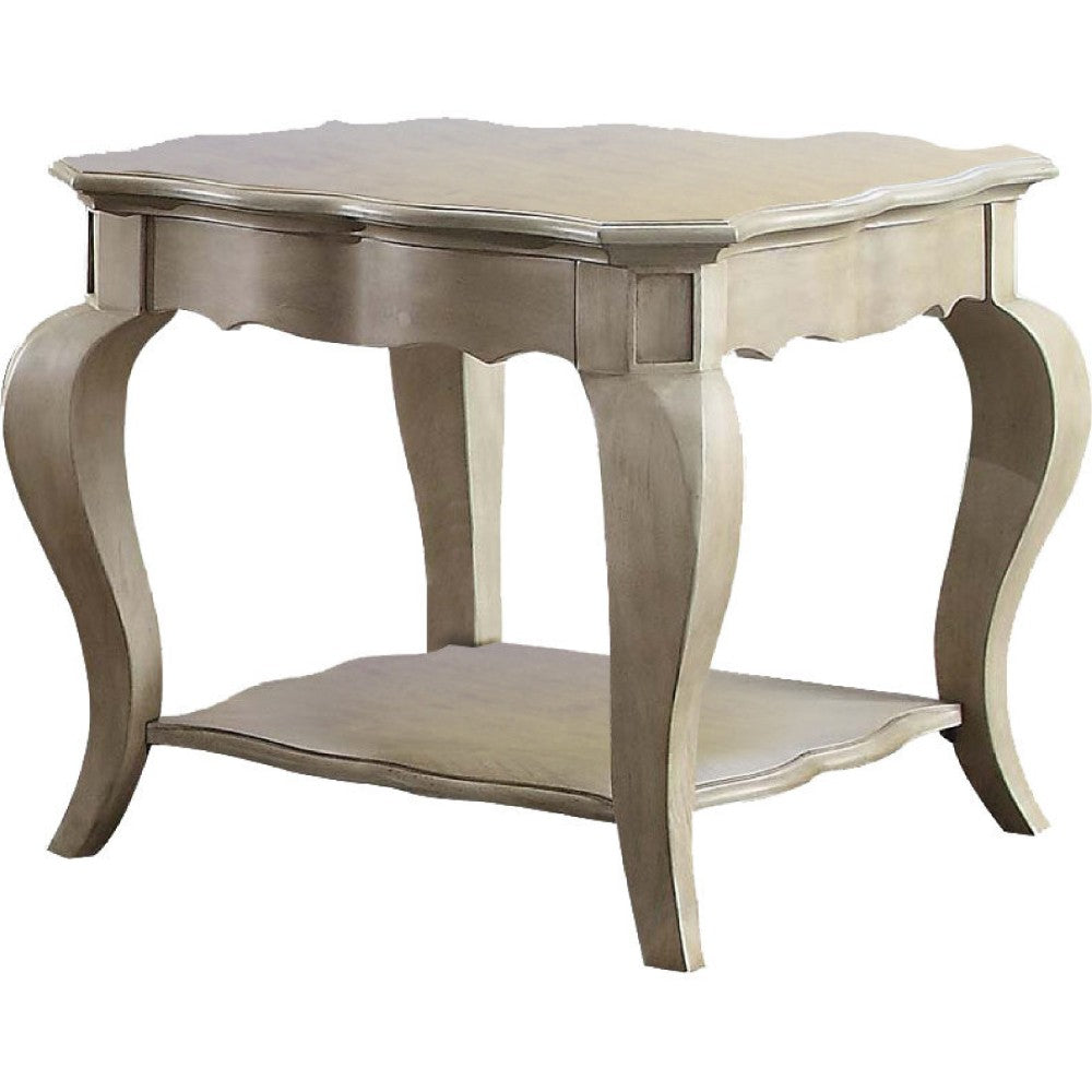 ACME Wooden End Table with Lower Shelf in Antique Taupe Silver Finish