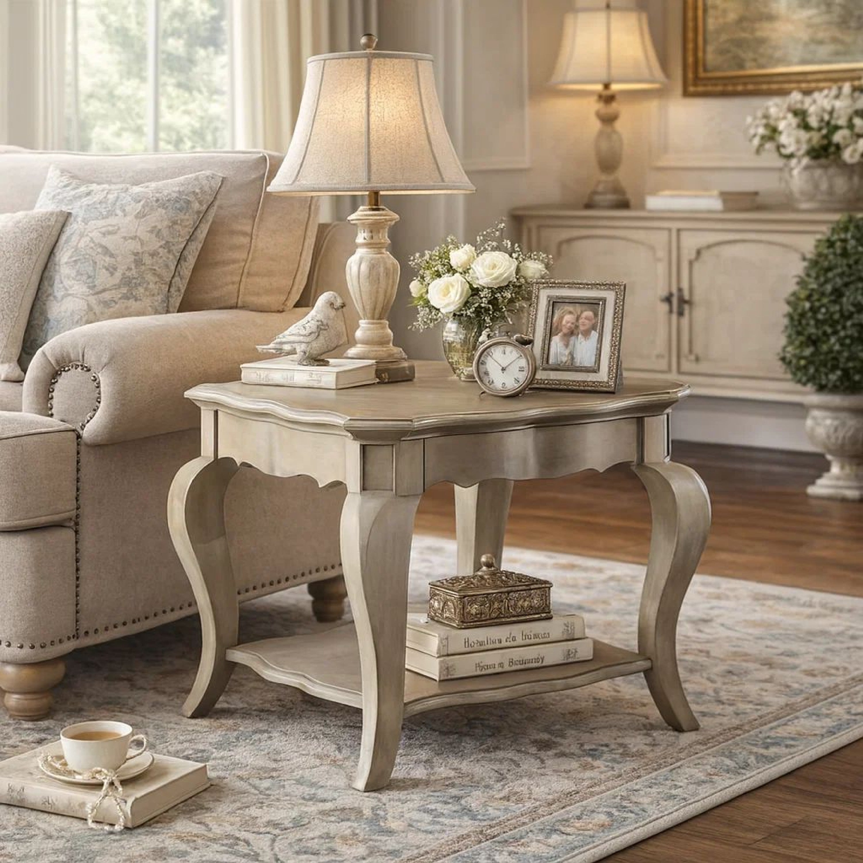 ACME Wooden End Table with Lower Shelf in Antique Taupe Silver Finish