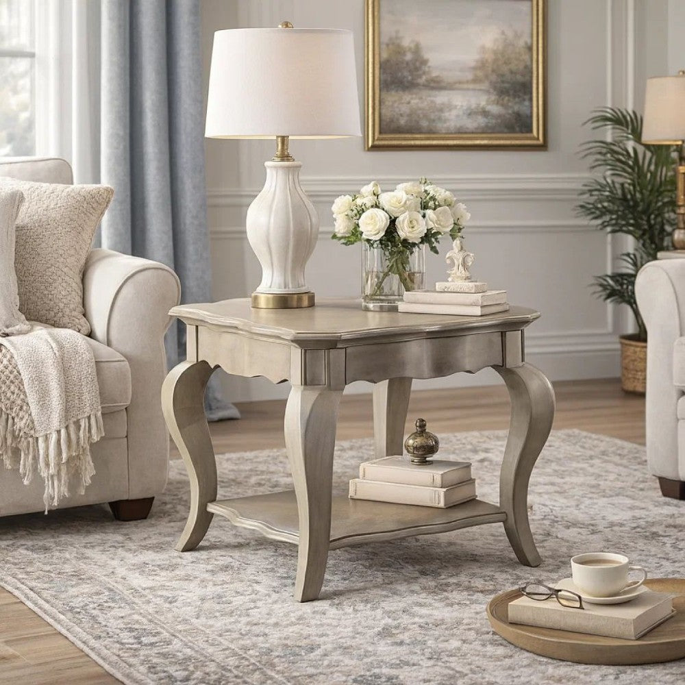 ACME Wooden End Table with Lower Shelf in Antique Taupe Silver Finish