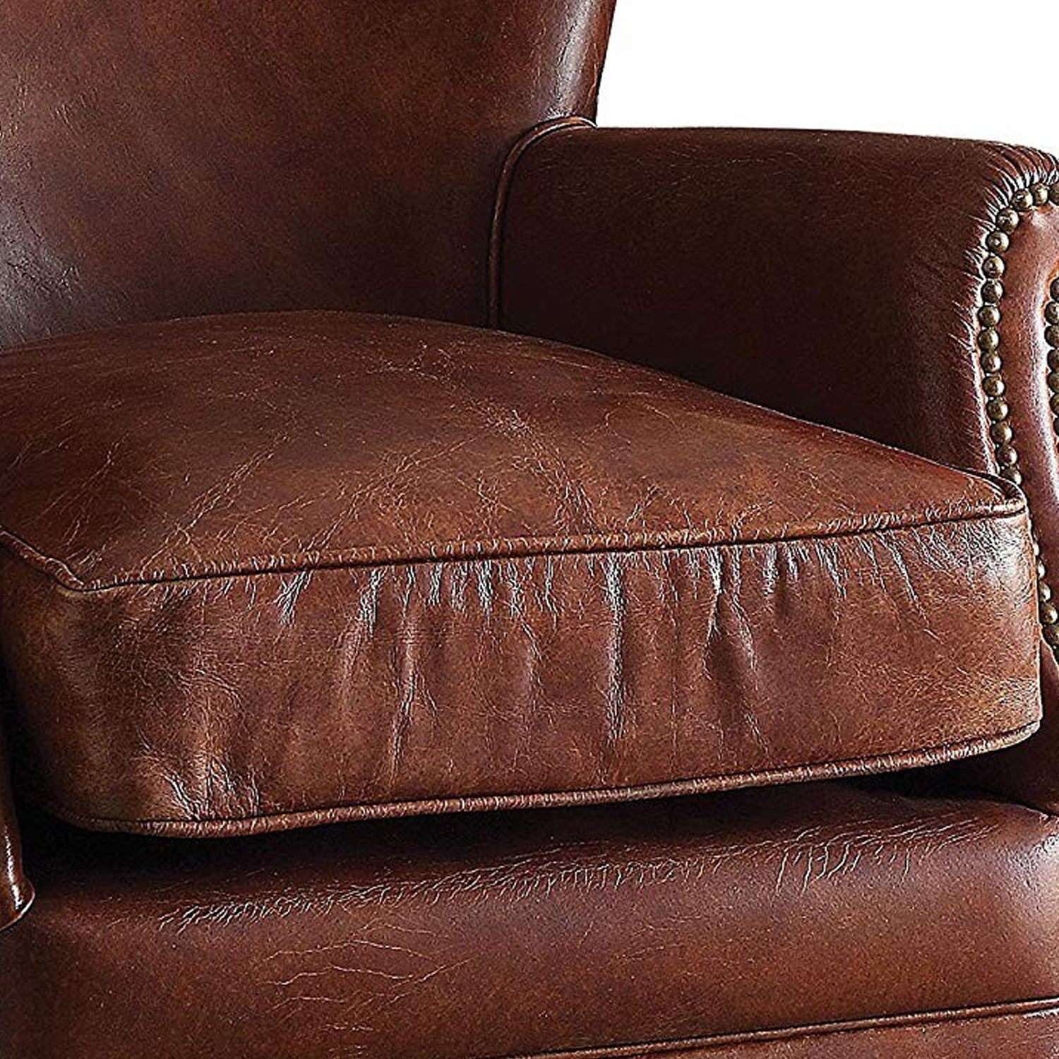 ACME Leather Upholstered Accent Chair With Nail head Trim, Dark Brown