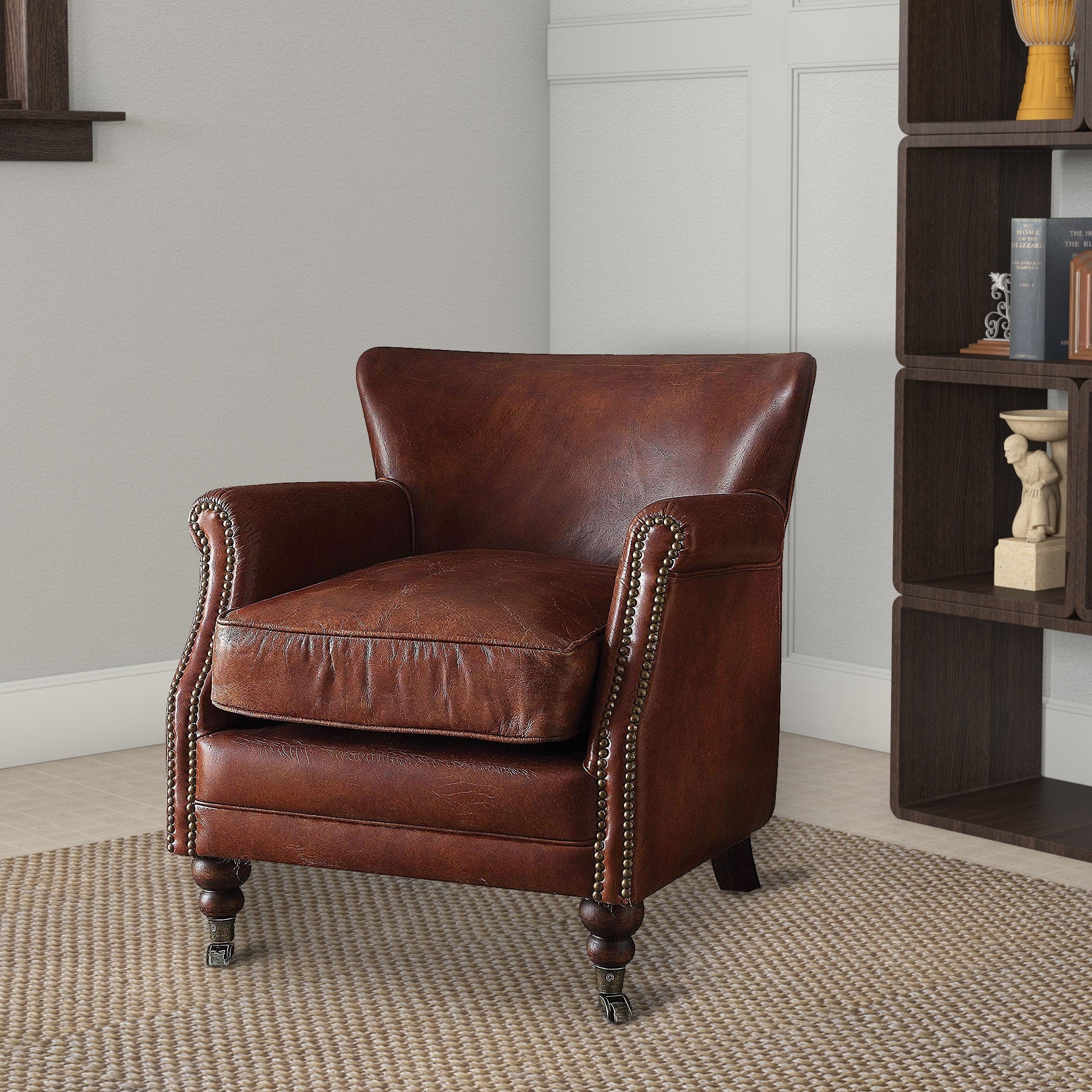 ACME Leather Upholstered Accent Chair With Nail head Trim, Dark Brown