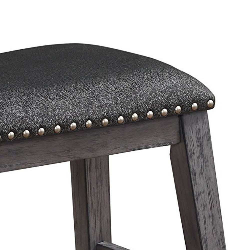 Benzara Wood & Leather CoUnter Height Stool with Nail head Trim, Set of 2, Black & Gray