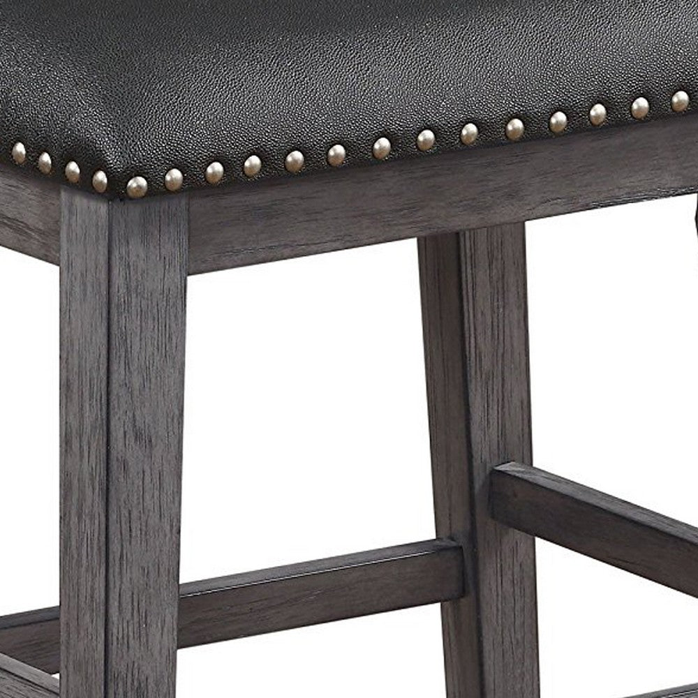 Benzara Wood & Leather CoUnter Height Stool with Nail head Trim, Set of 2, Black & Gray