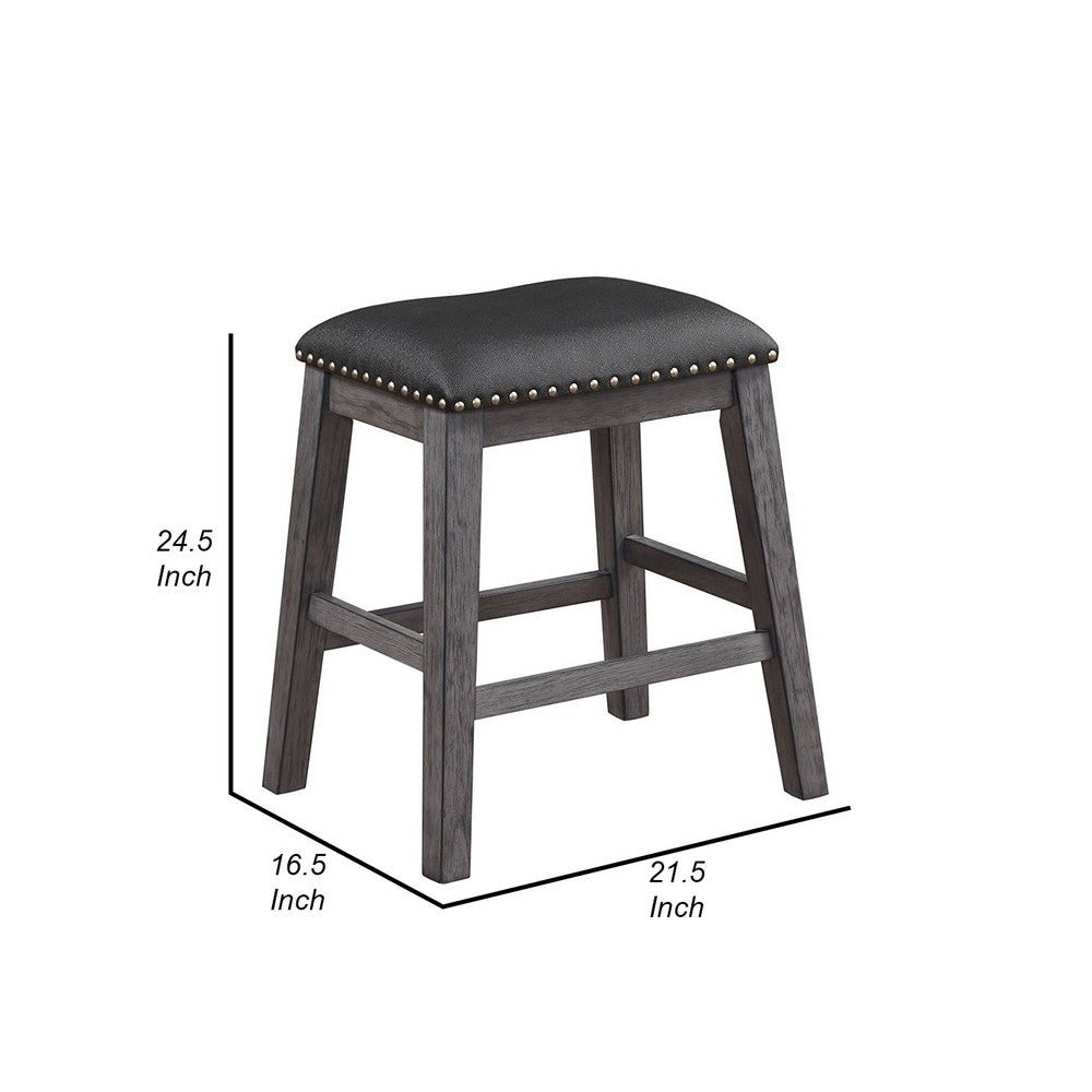 Benzara Wood & Leather CoUnter Height Stool with Nail head Trim, Set of 2, Black & Gray