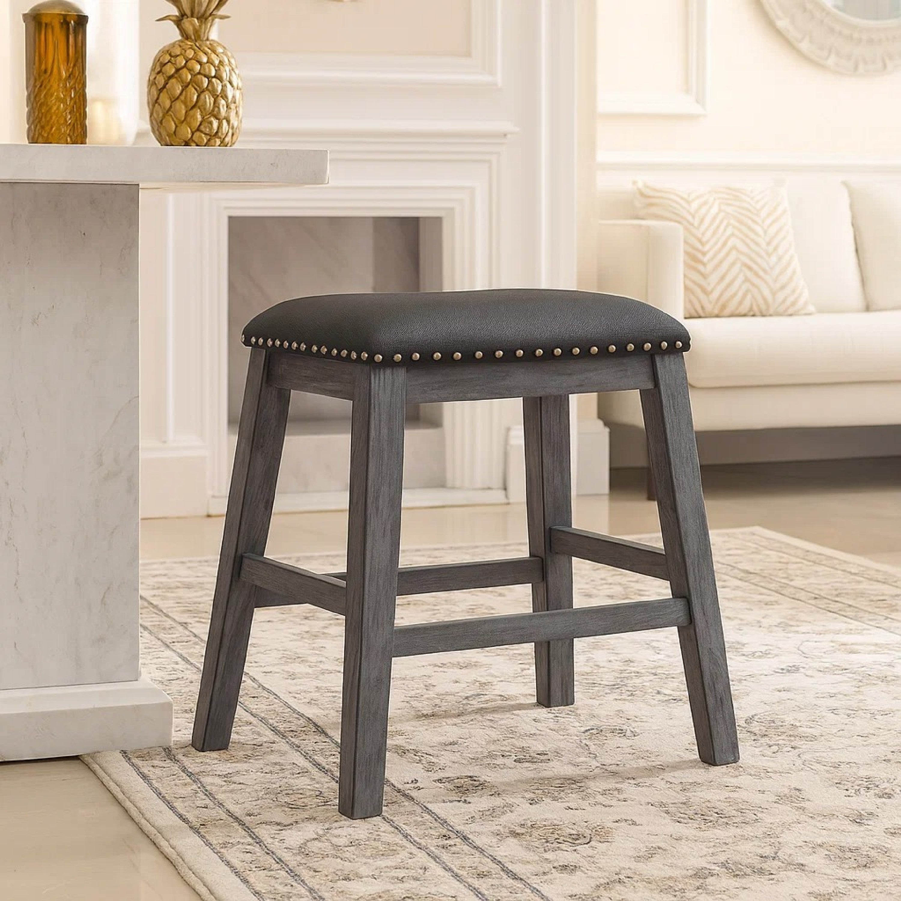 Benzara Wood & Leather CoUnter Height Stool with Nail head Trim, Set of 2, Black & Gray