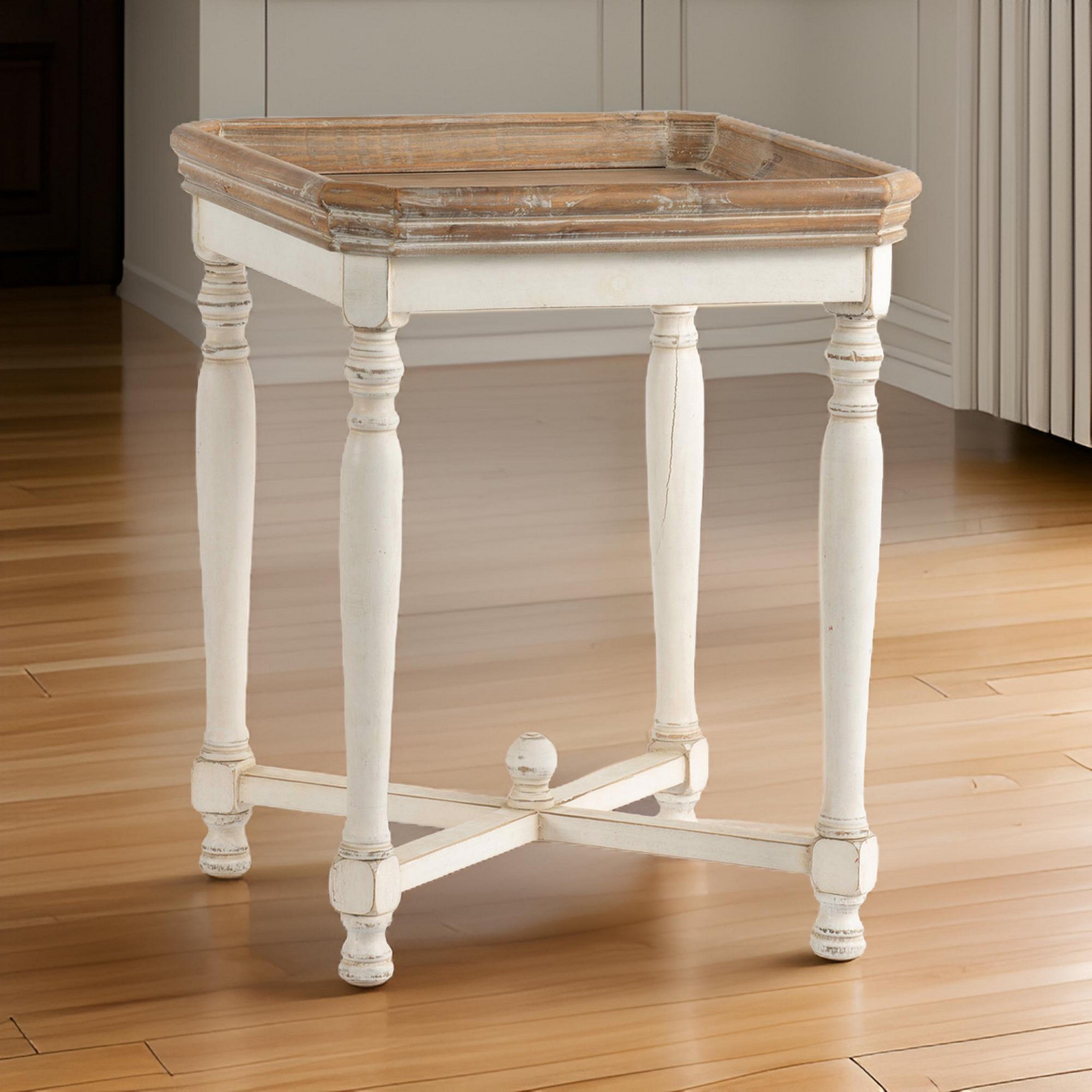 Benzara Square Shaped Wooden Side Table With Cross Base, Brown & Gray