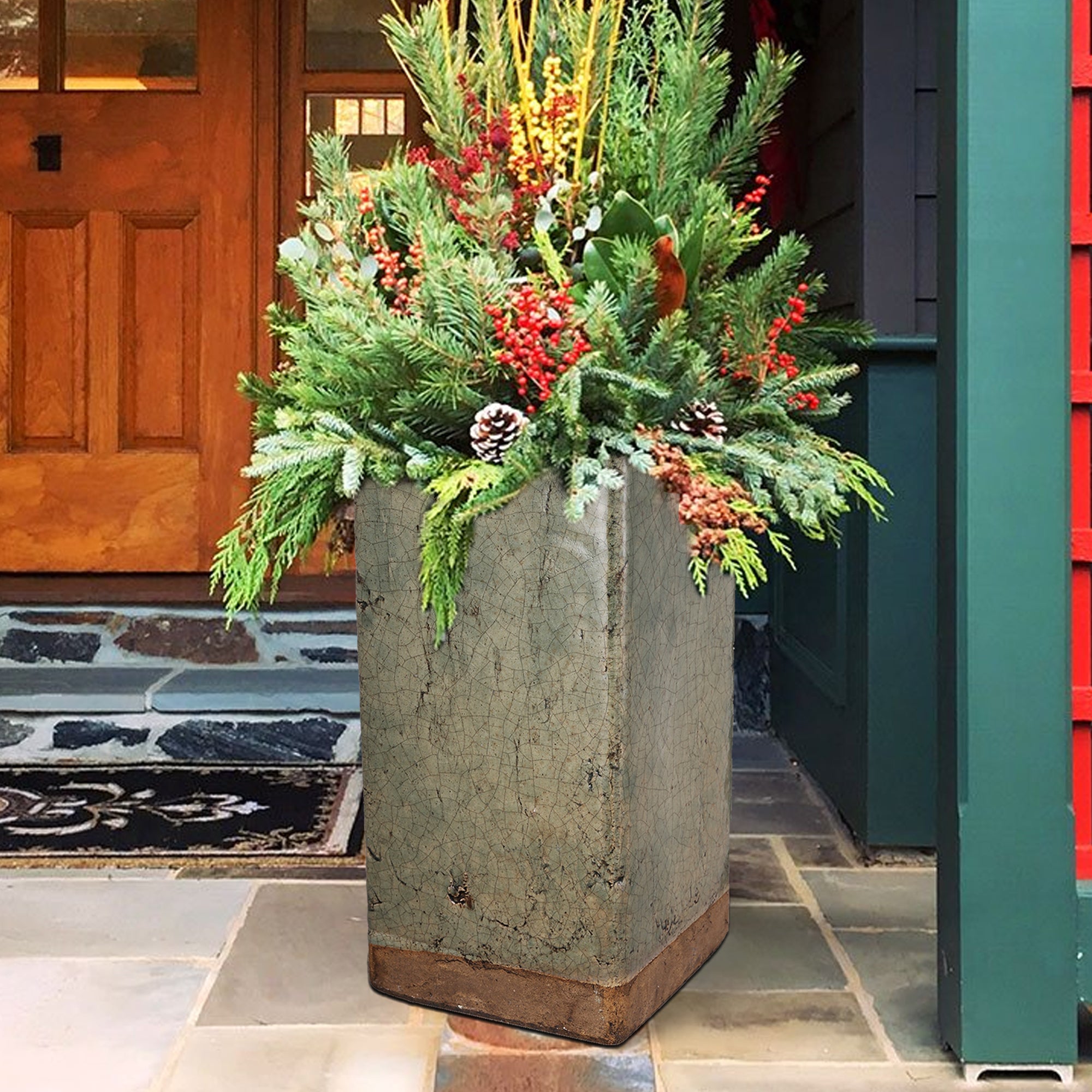 Benzara Textured Ceramic Planter In Square Shape, Large, Slate Gray And Brown