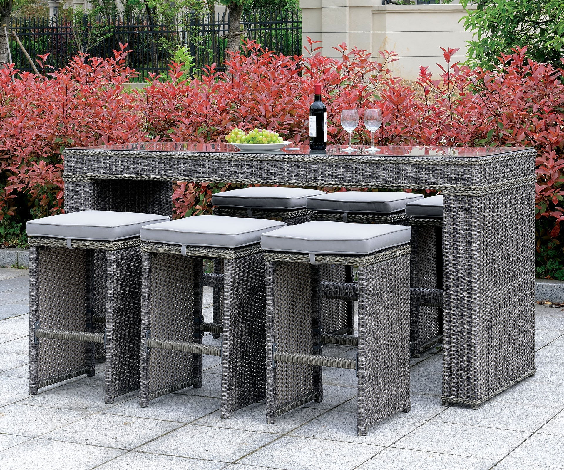 Benzara 6 Piece Patio Bar Stool In Aluminum Wicker Frame And Padded Fabric Seat, Gray