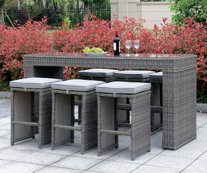 Benzara 6 Piece Patio Bar Stool In Aluminum Wicker Frame And Padded Fabric Seat, Gray