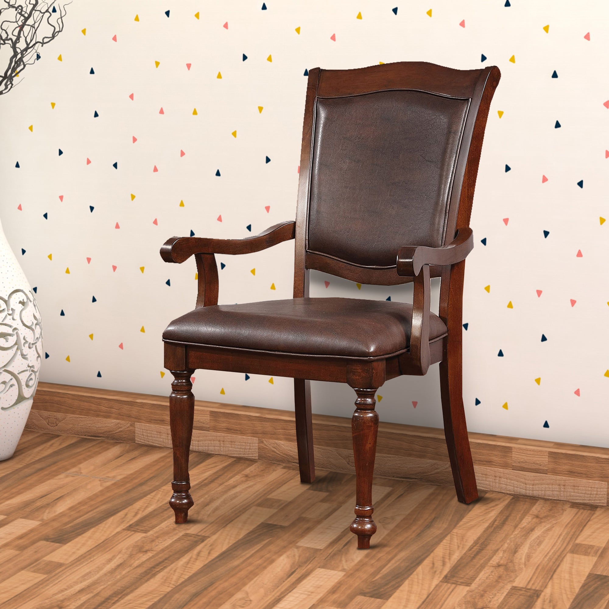 Benzara Wooden Arm Chair With Leather Upholstery, Cherry Brown, Set Of 2