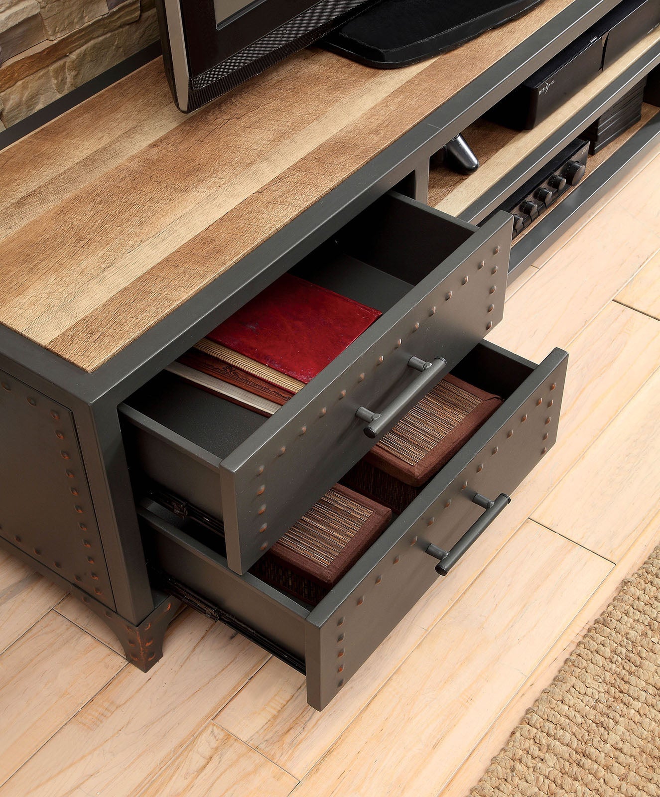 Benzara 60" Wooden TV Stand With 4 Drawers And 2 Open Shelves In Gray