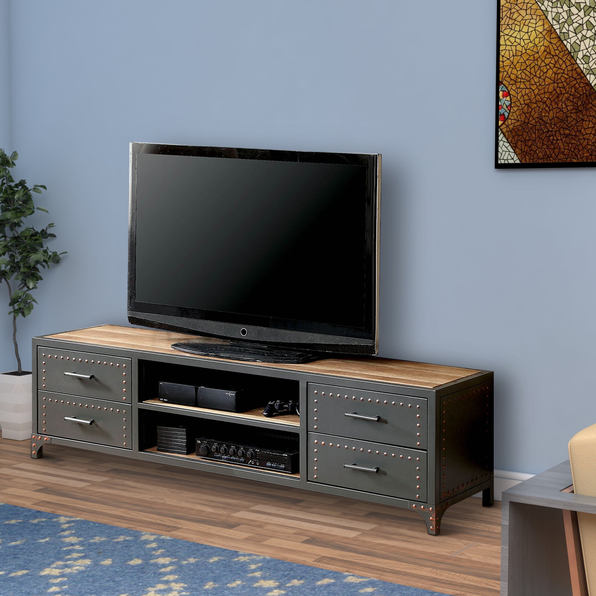 Benzara 60" Wooden TV Stand With 4 Drawers And 2 Open Shelves In Gray