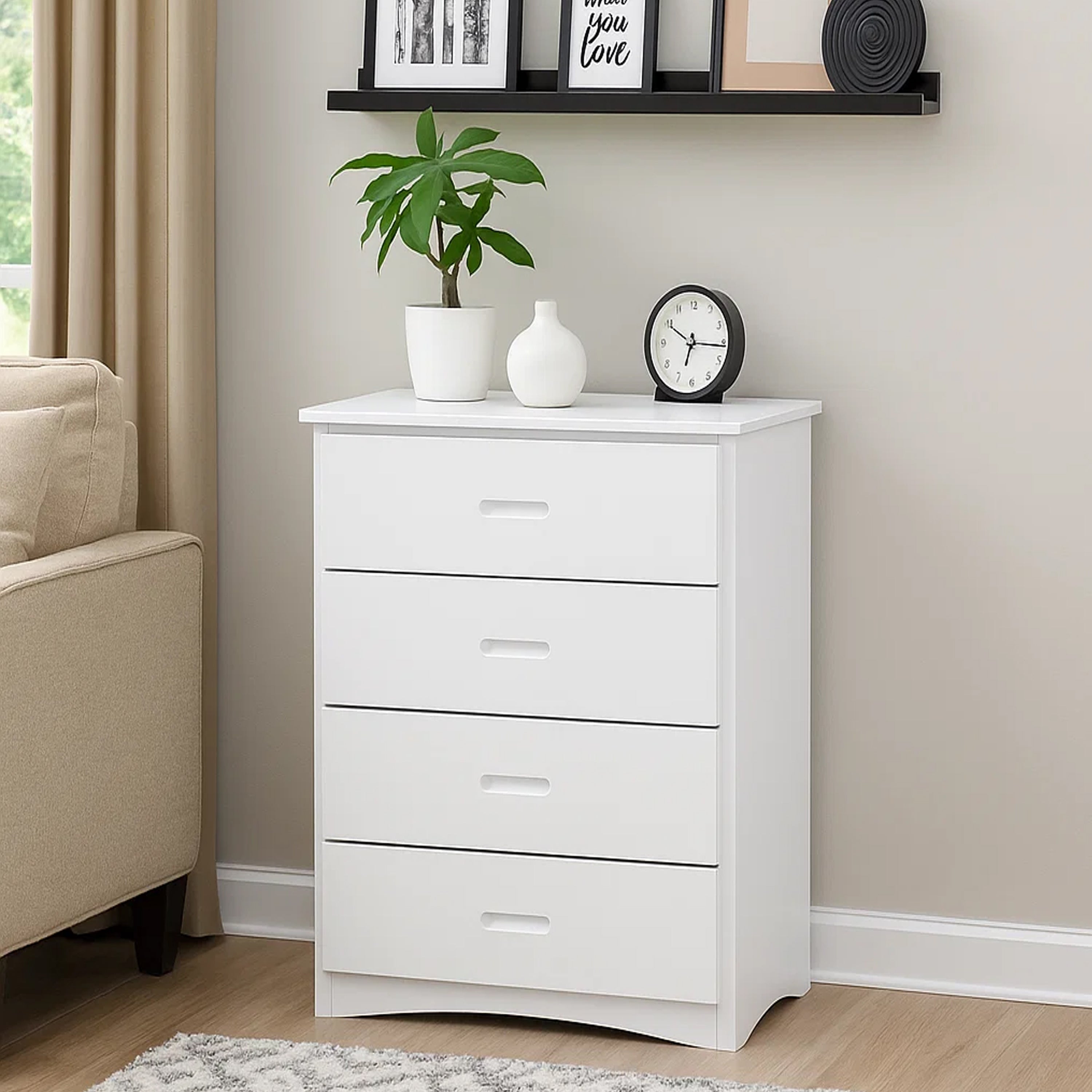 Benzara Wooden Four Drawer Chest With Cutout Handles, White