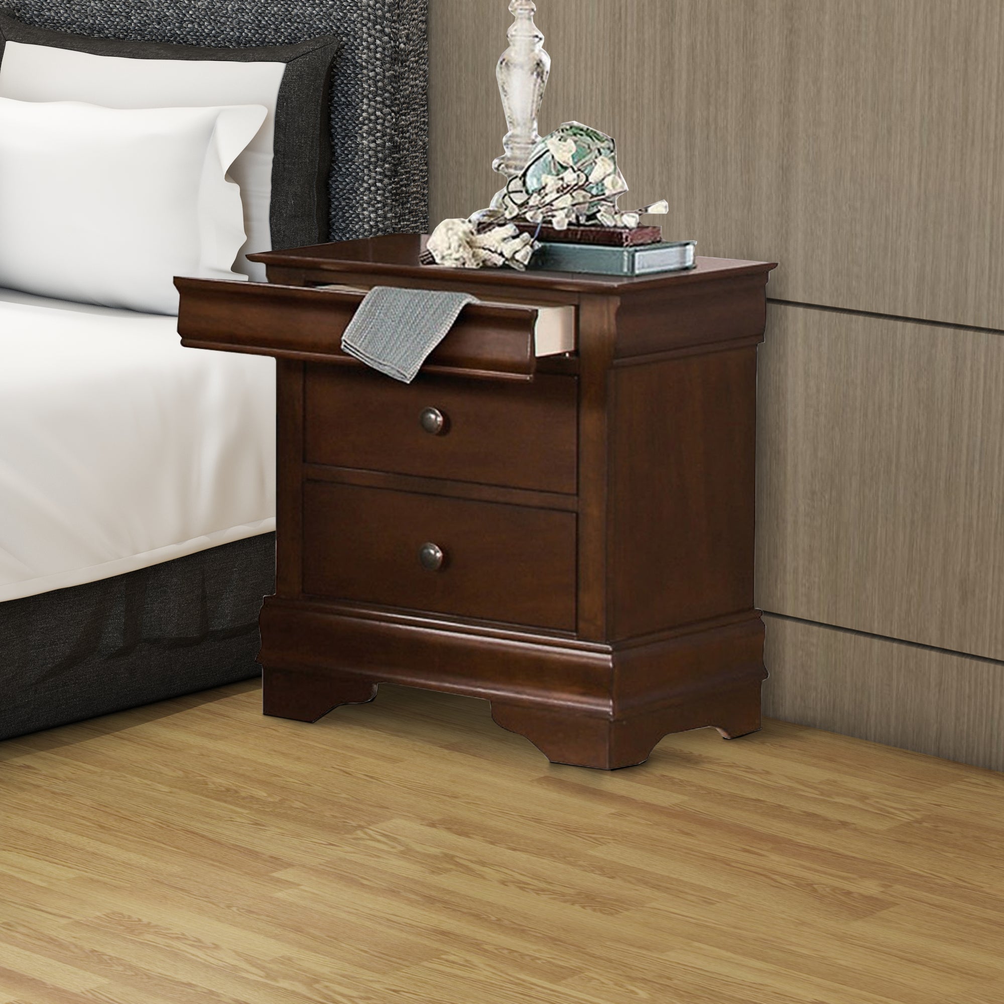Benzara Wooden Night Stand With Hidden Drawer, Cherry Brown