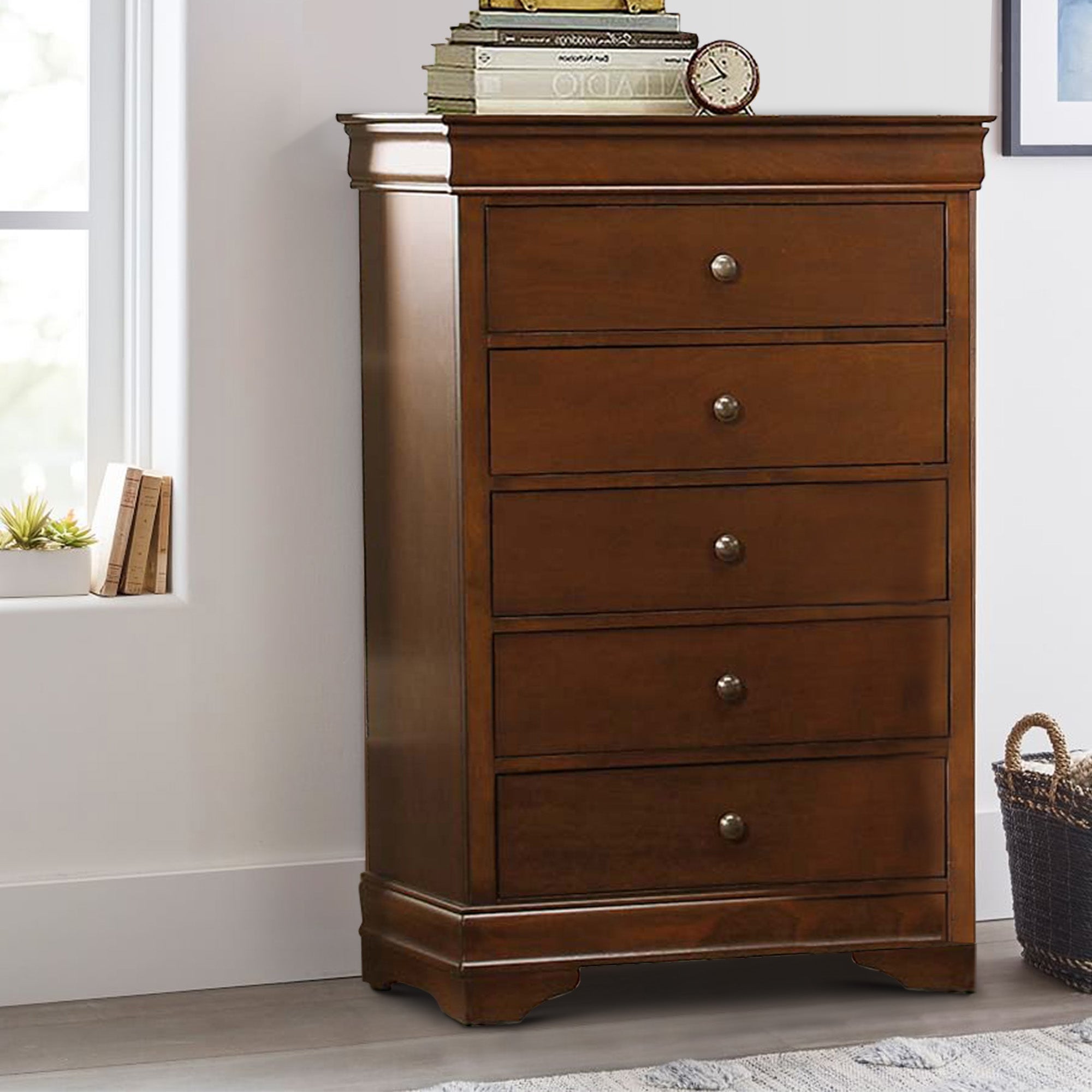 Benzara Transitional Style Wooden Chest With 5 Drawers, Cherry Brown