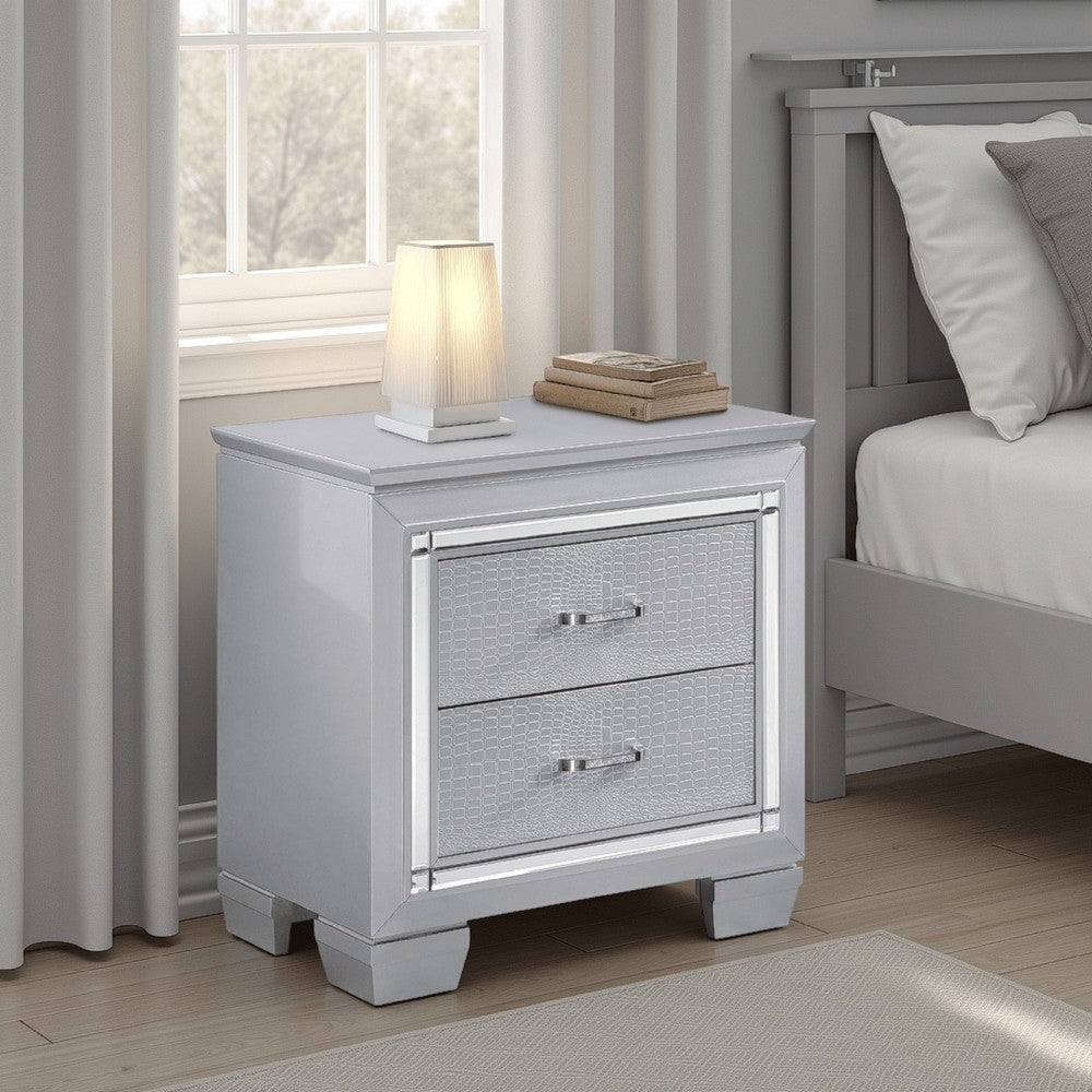 Benzara Mirror Accented Wooden Night Stand With 2 Drawer, Gray