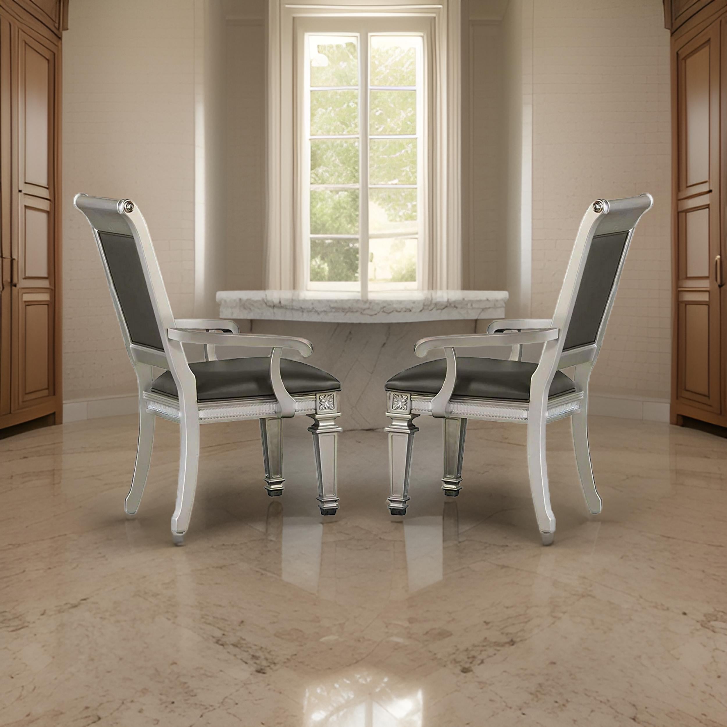 Benzara 27 Inch Wood Dining Armchair, Faux Leather,Acrylic Crystals,Set of 2,Silver