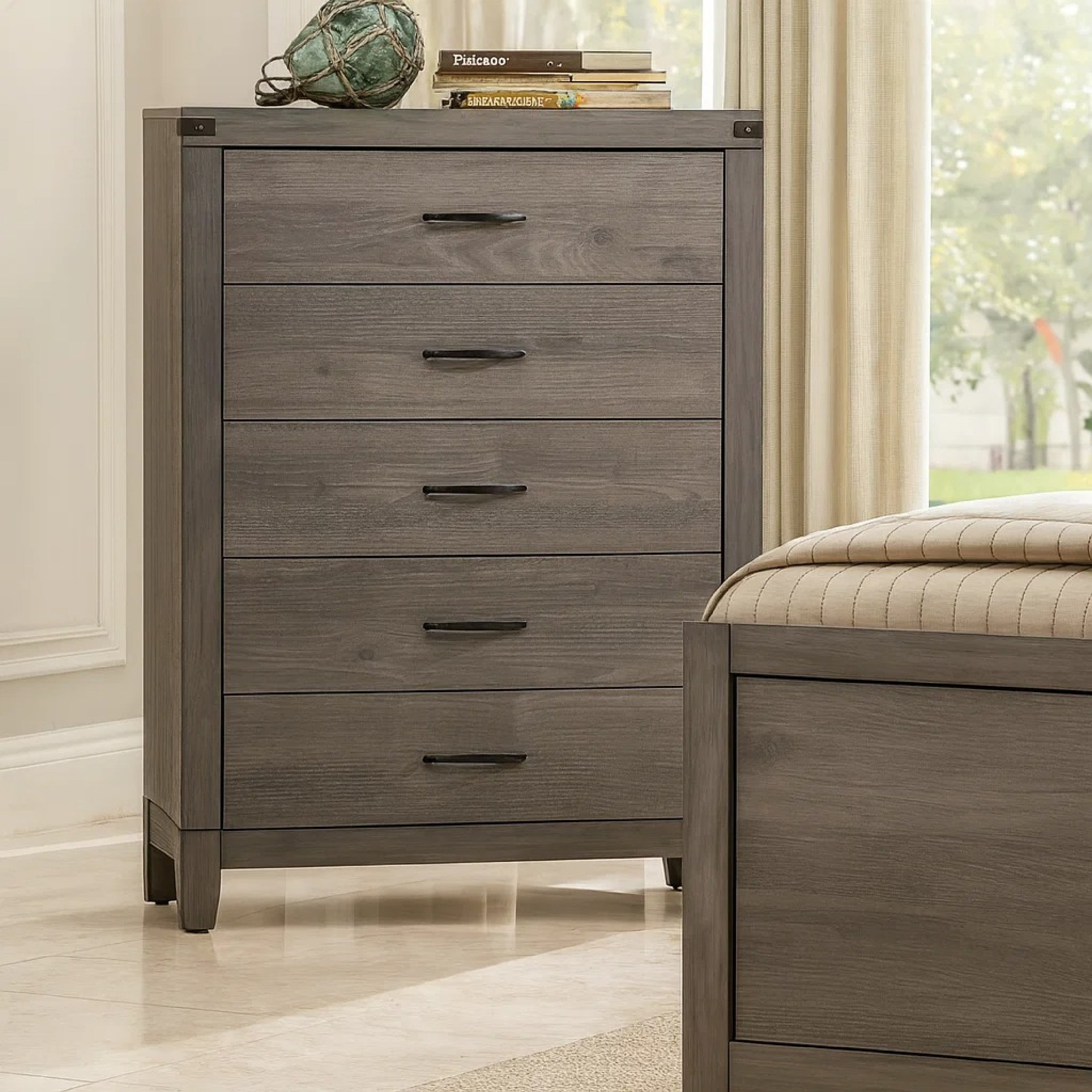 Benzara Roomy 5 Drawer Wooden Chest With Metal Handles, Weathered Gray