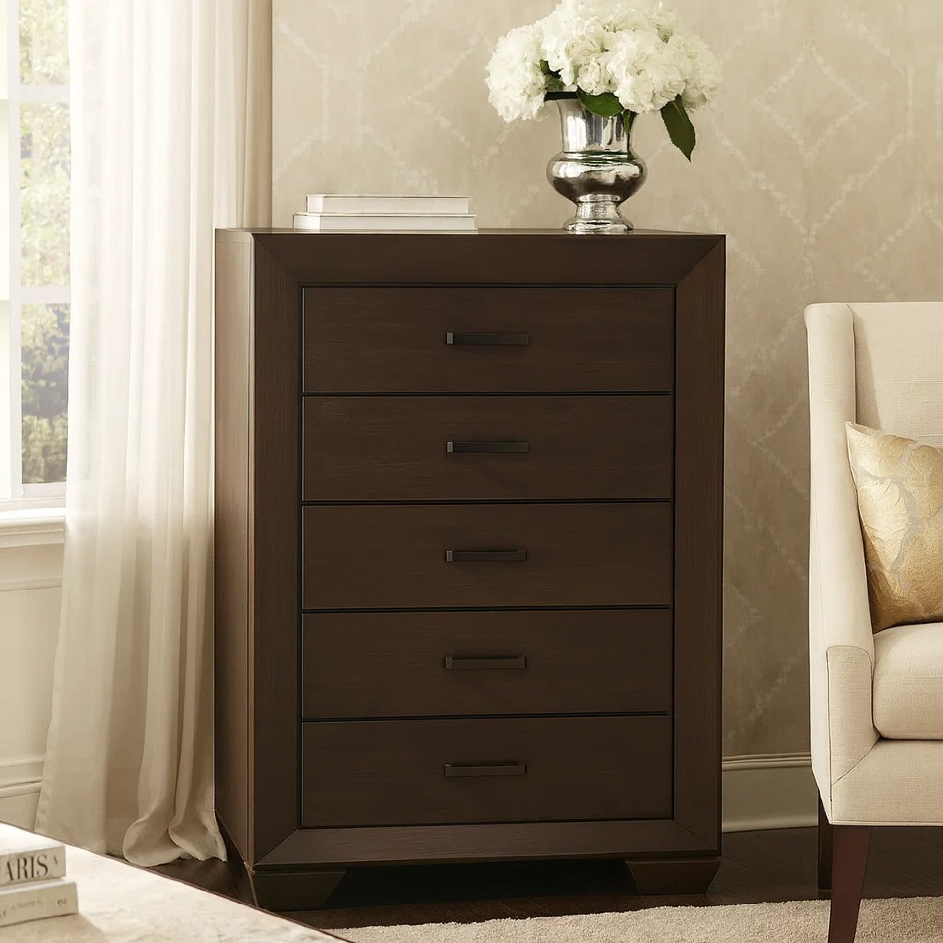 Benzara Wooden Transitional Five Drawer Chest, Dark Cocoa Brown