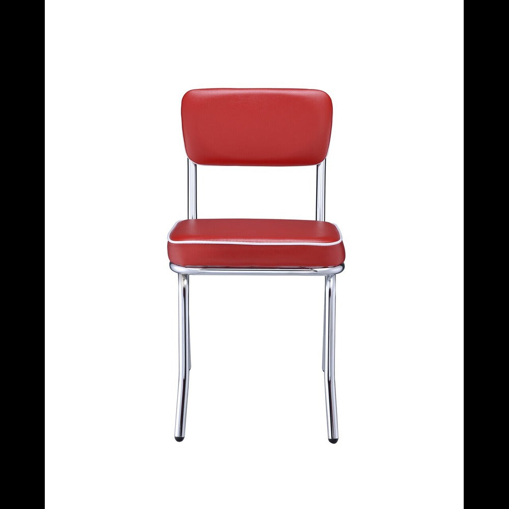 Benzara Dining Side Chair Set of 2, Retro Red Faux Leather, Chrome Metal Legs