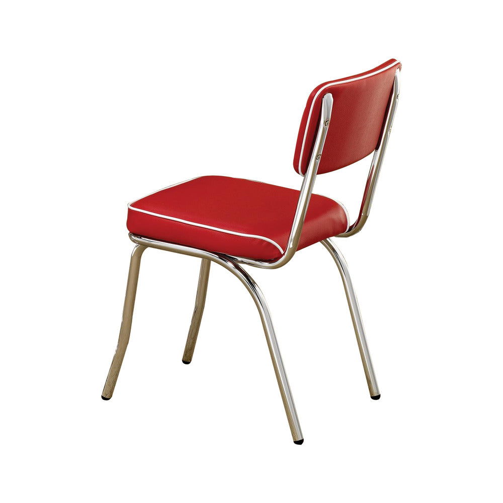 Benzara Dining Side Chair Set of 2, Retro Red Faux Leather, Chrome Metal Legs