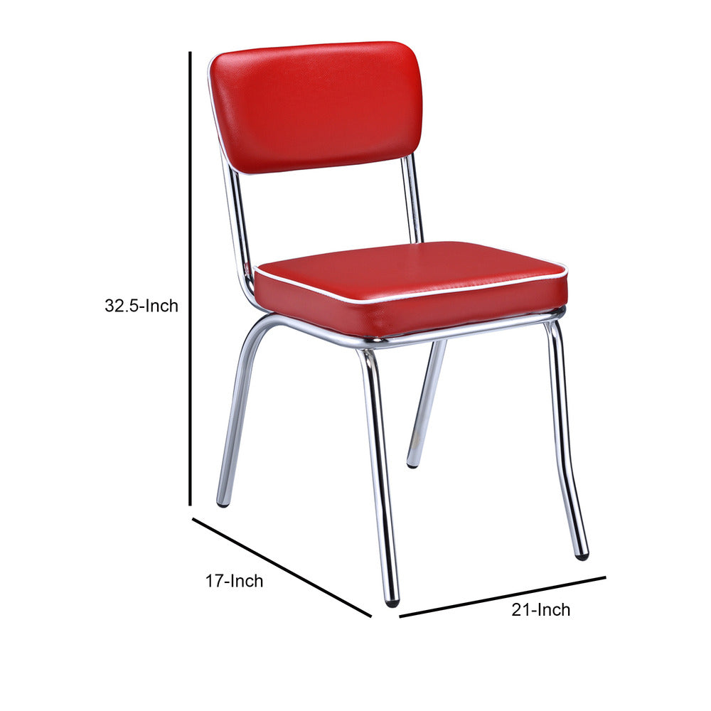 Benzara Dining Side Chair Set of 2, Retro Red Faux Leather, Chrome Metal Legs