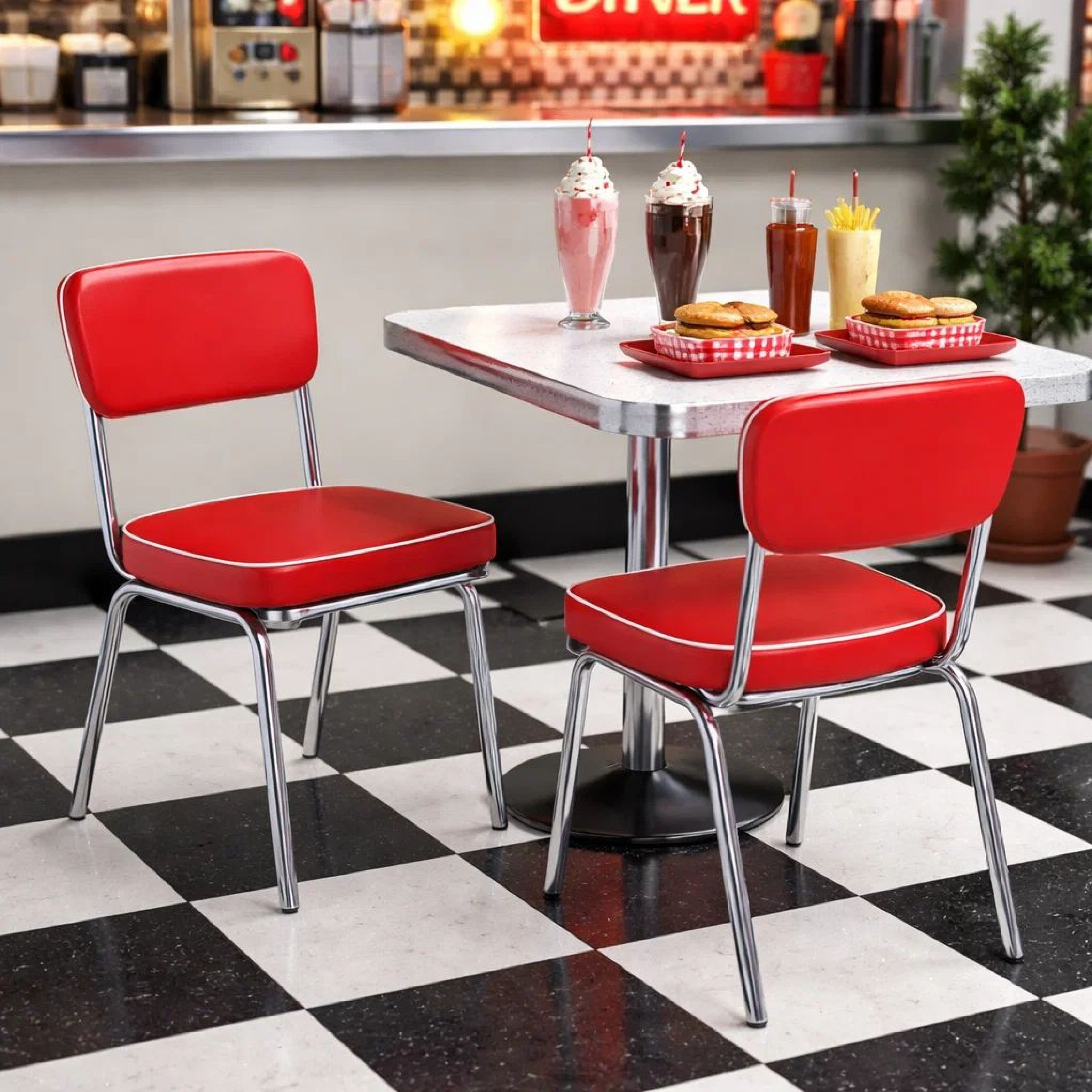 Benzara Dining Side Chair Set of 2, Retro Red Faux Leather, Chrome Metal Legs