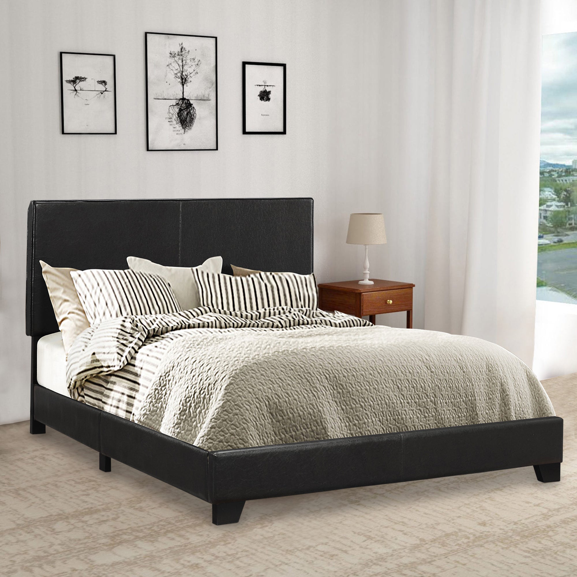 Benzara Leather Upholstered Queen Size Platform Bed, Black