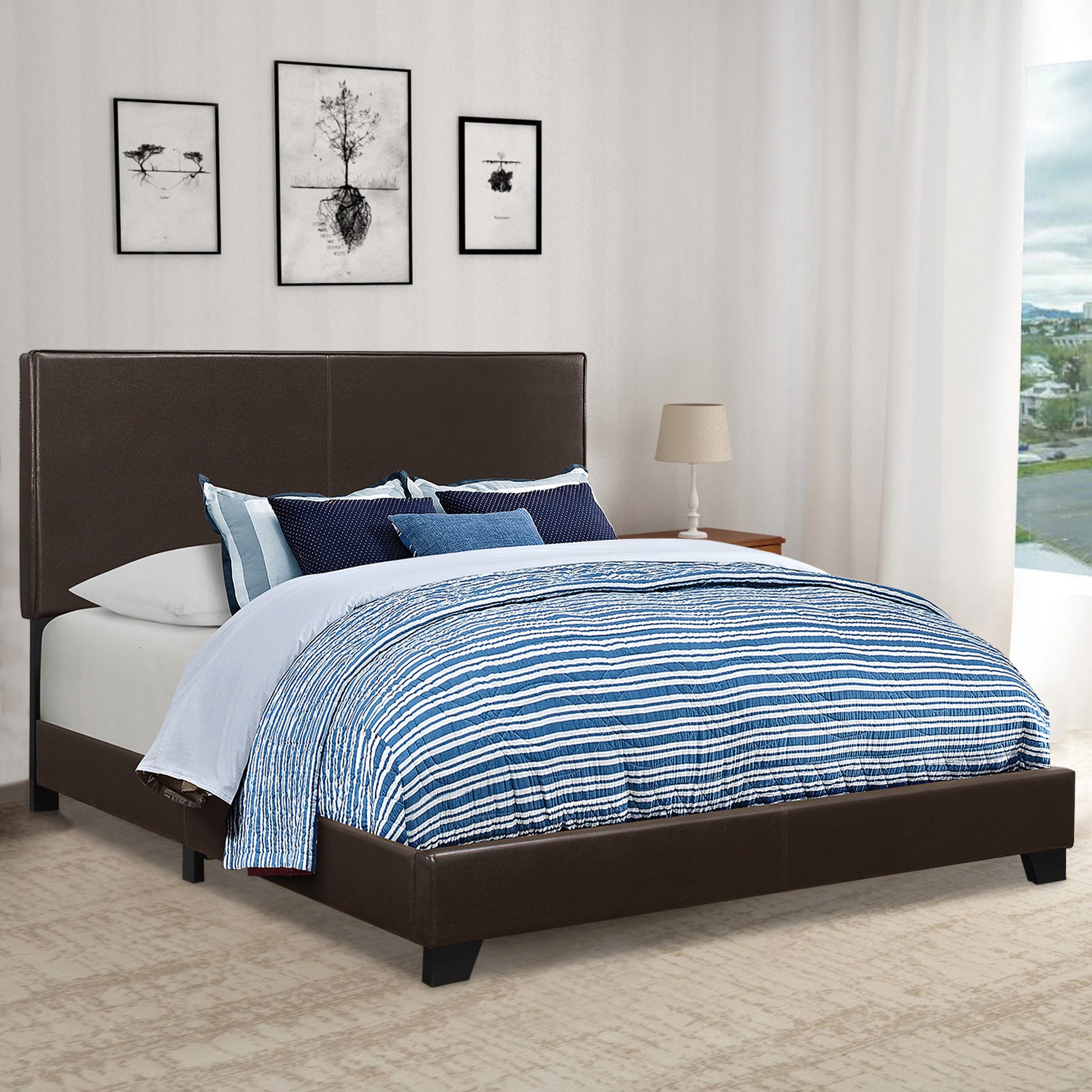 Benzara Leather Upholstered Eastern King Size Platform Bed, Brown