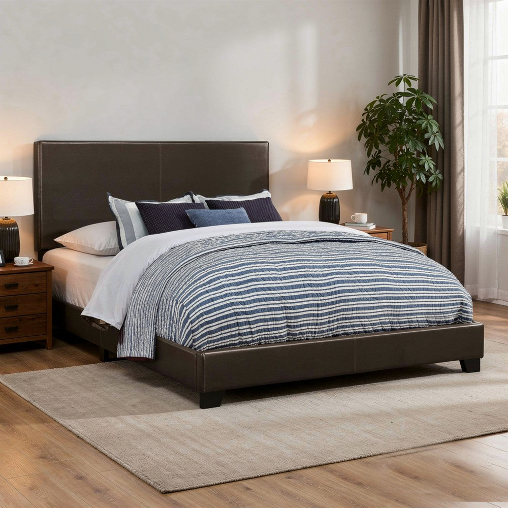 Benzara Leather Upholstered California King Size Platform Bed, Brown