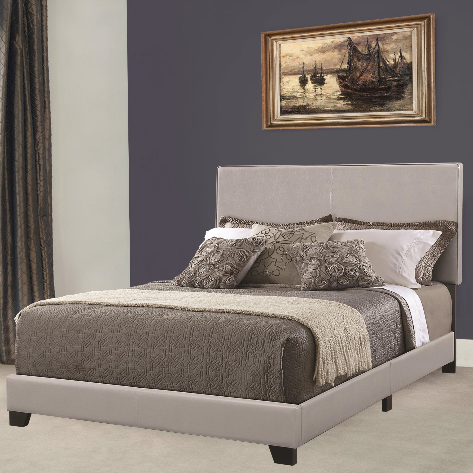 Benzara Leather Upholstered California King Size Platform Bed, Gray