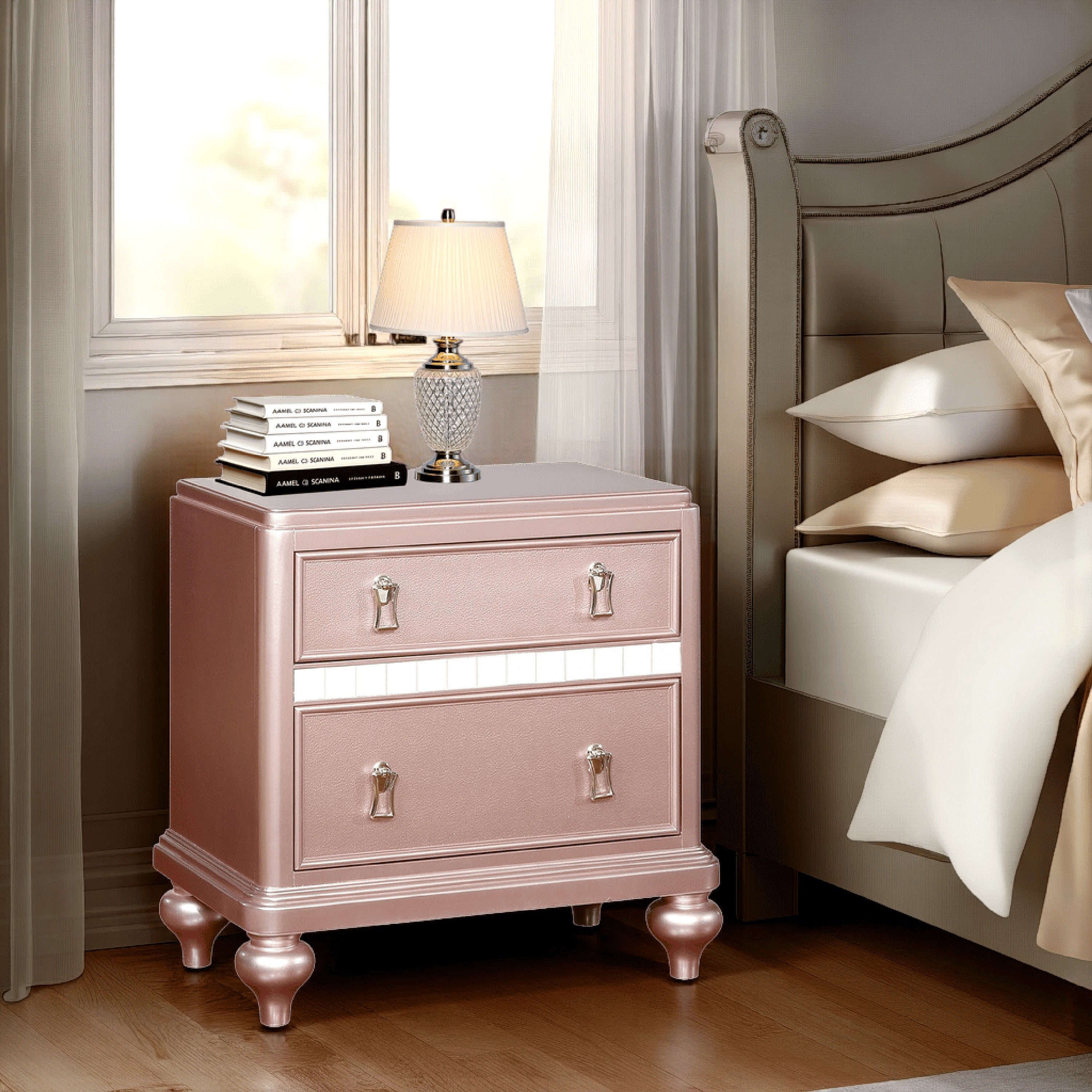 Benzara Contemporary Solid Wood Night Stand With Mirror Trim, Pink