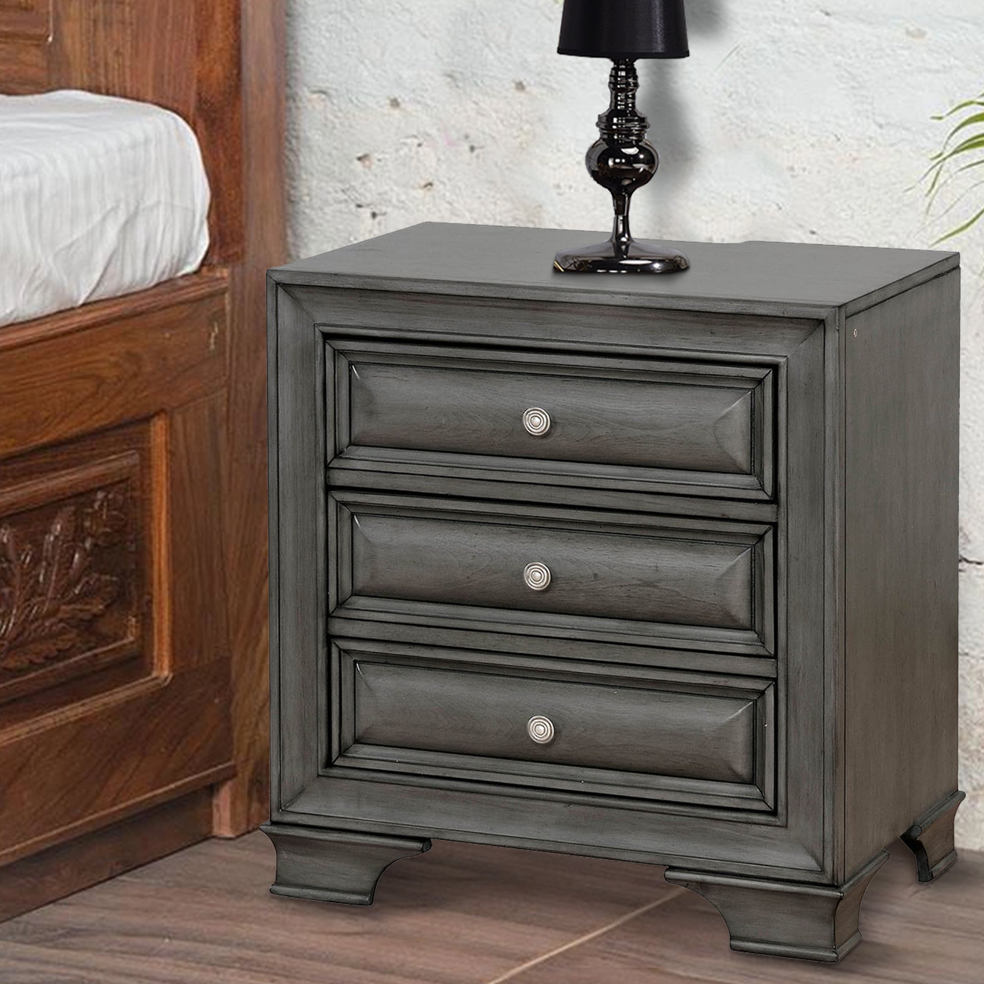 Benzara Transitional Wood Night Stand With Night Light, Gray