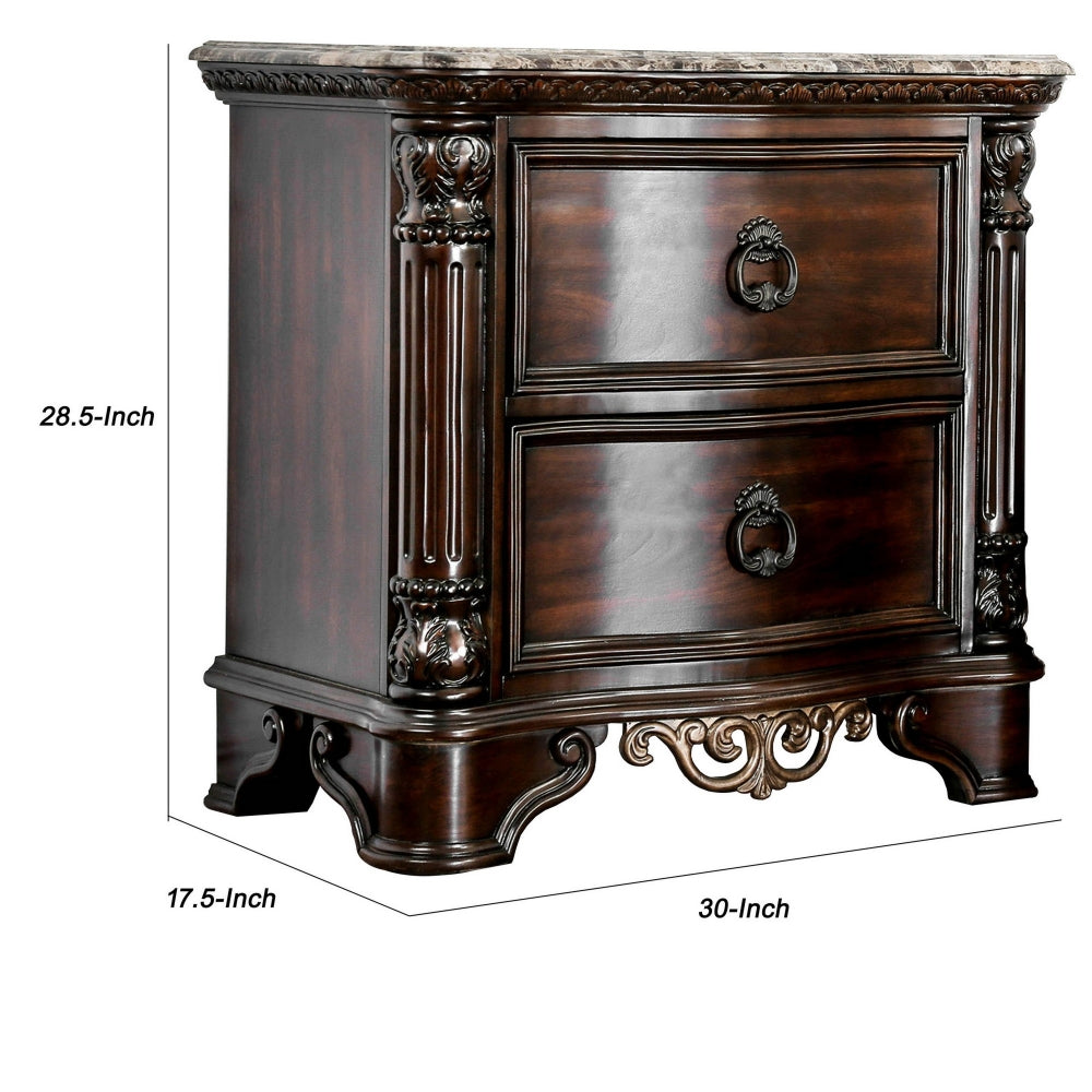 Benzara 30 Inch Nightstand with 2 Drawers, Classic Marble Top, Ornate Pilasters, Dark Cherry Brown