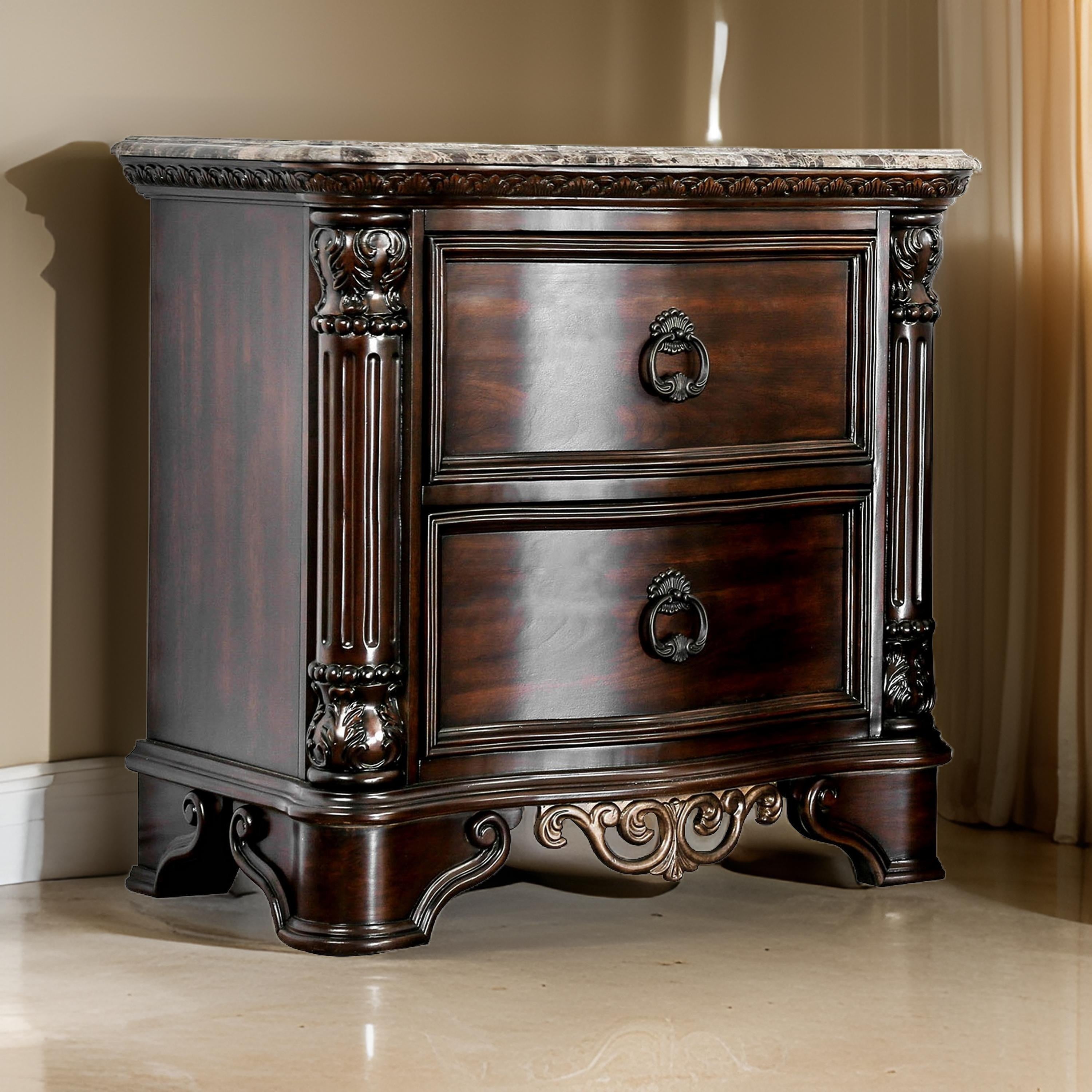 Benzara 30 Inch Nightstand with 2 Drawers, Classic Marble Top, Ornate Pilasters, Dark Cherry Brown