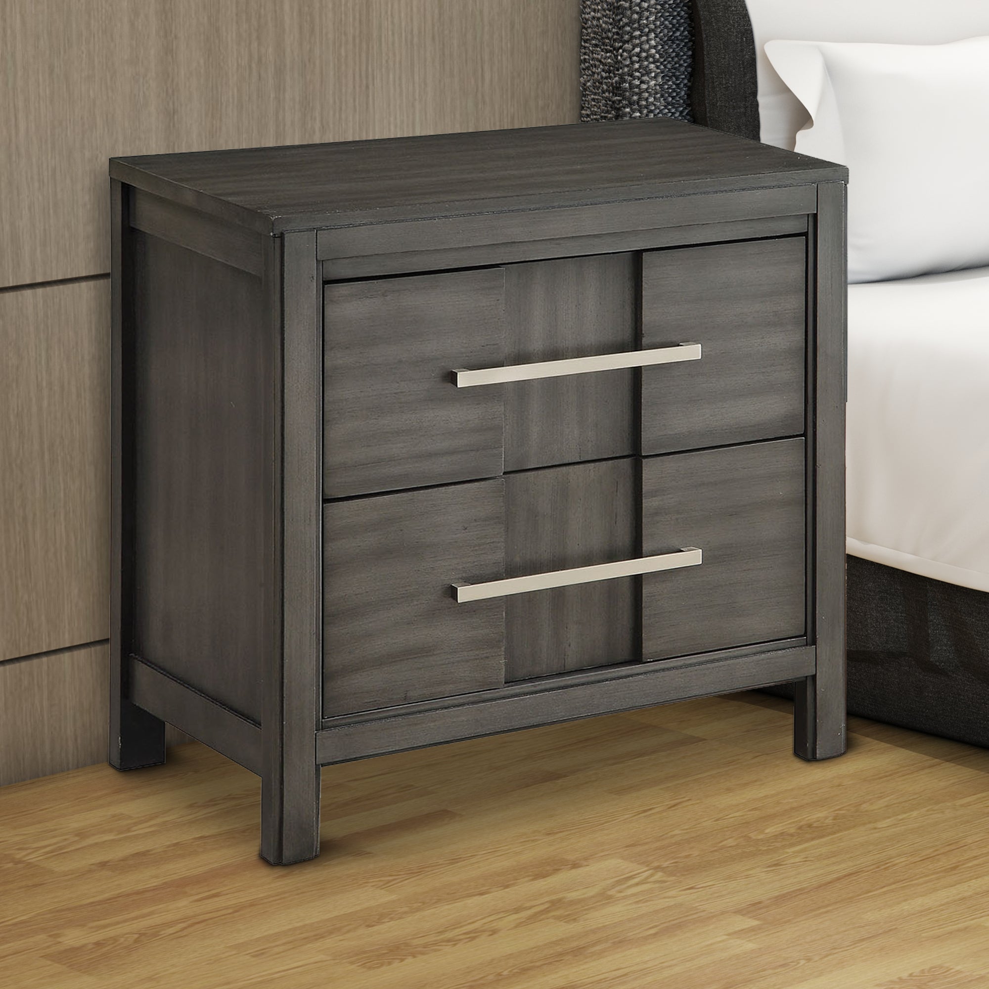 Benzara Transitional Solid Wood Night Stand With Two Drawers, Gray