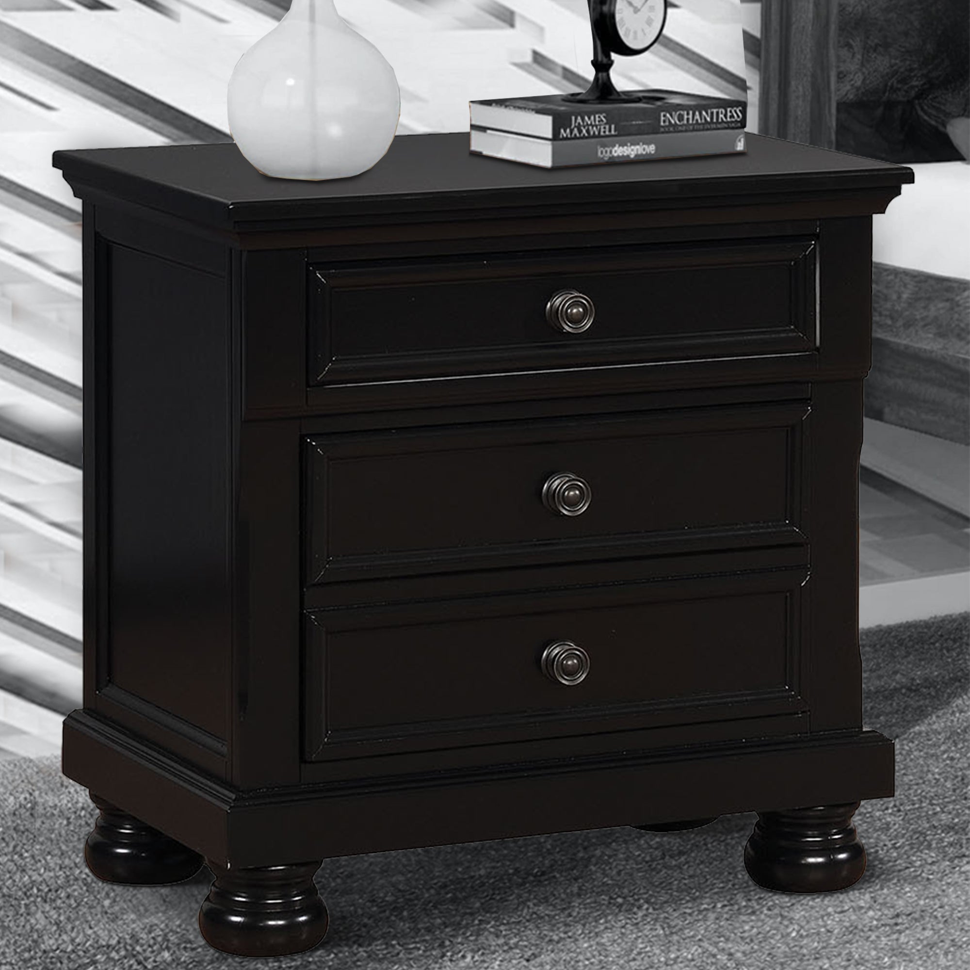 Benzara Transitional Solid Wood Night Stand With Three Drawers, Black