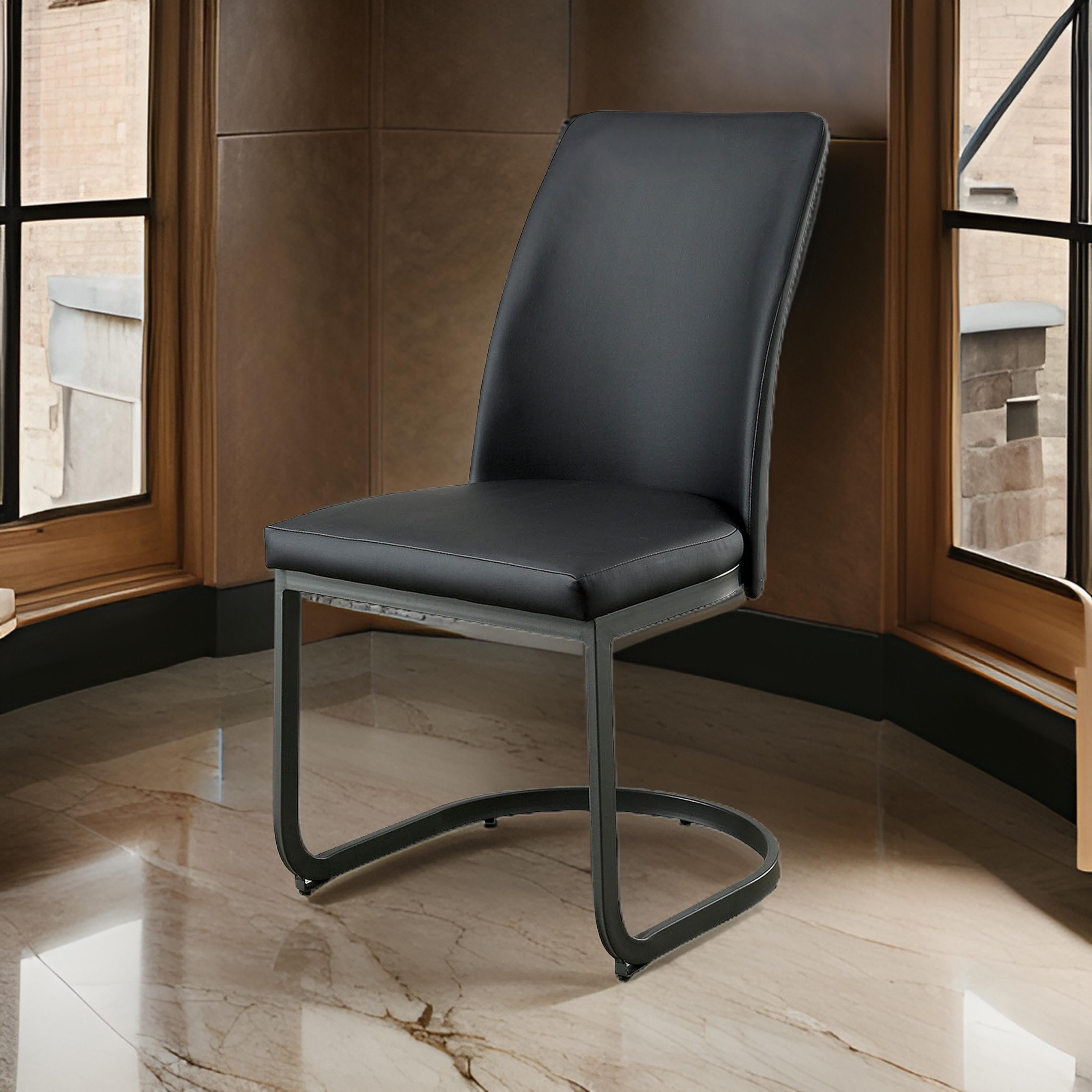 Benzara Leatherette Upholstered Side Chair with U Shape Metal Cantilever Base, Pack of Two, Black