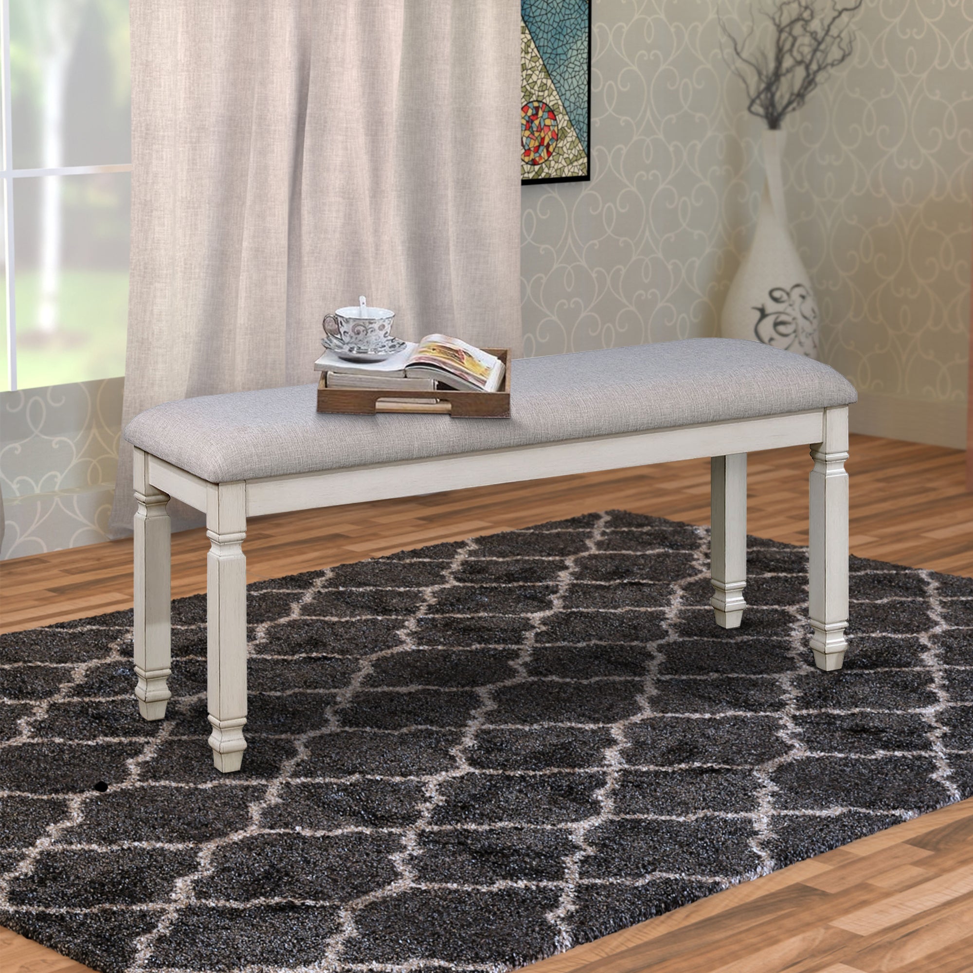 Benzara Fabric Upholstered Wooden Bench, White