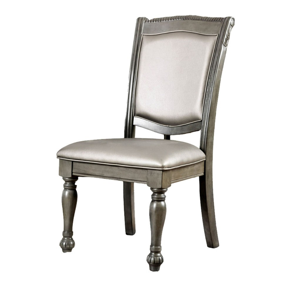 Benzara Faux Leather Upholstered Solid Wood Side Chair, Pack of Two, Silver And Gray