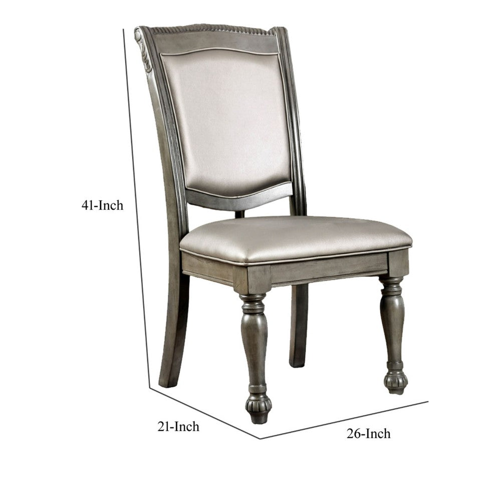 Benzara Faux Leather Upholstered Solid Wood Side Chair, Pack of Two, Silver And Gray