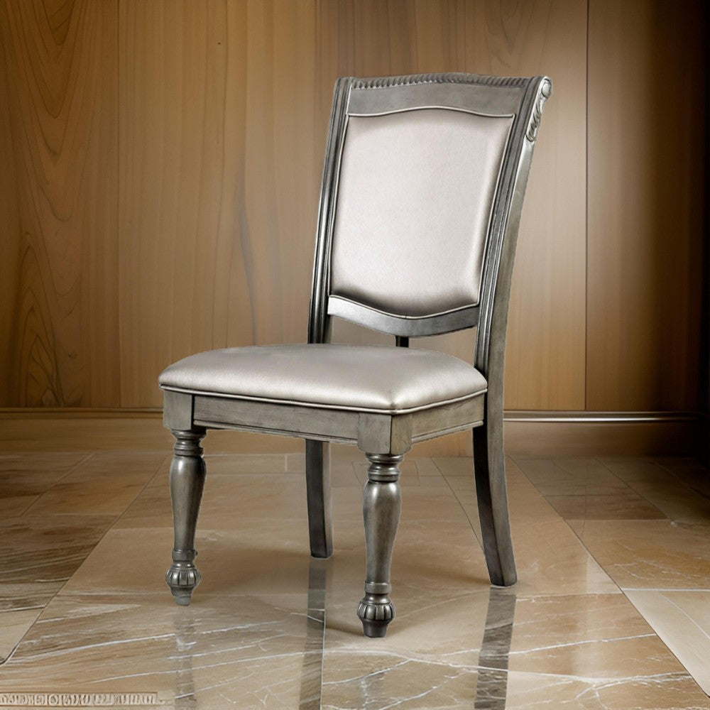 Benzara Faux Leather Upholstered Solid Wood Side Chair, Pack of Two, Silver And Gray