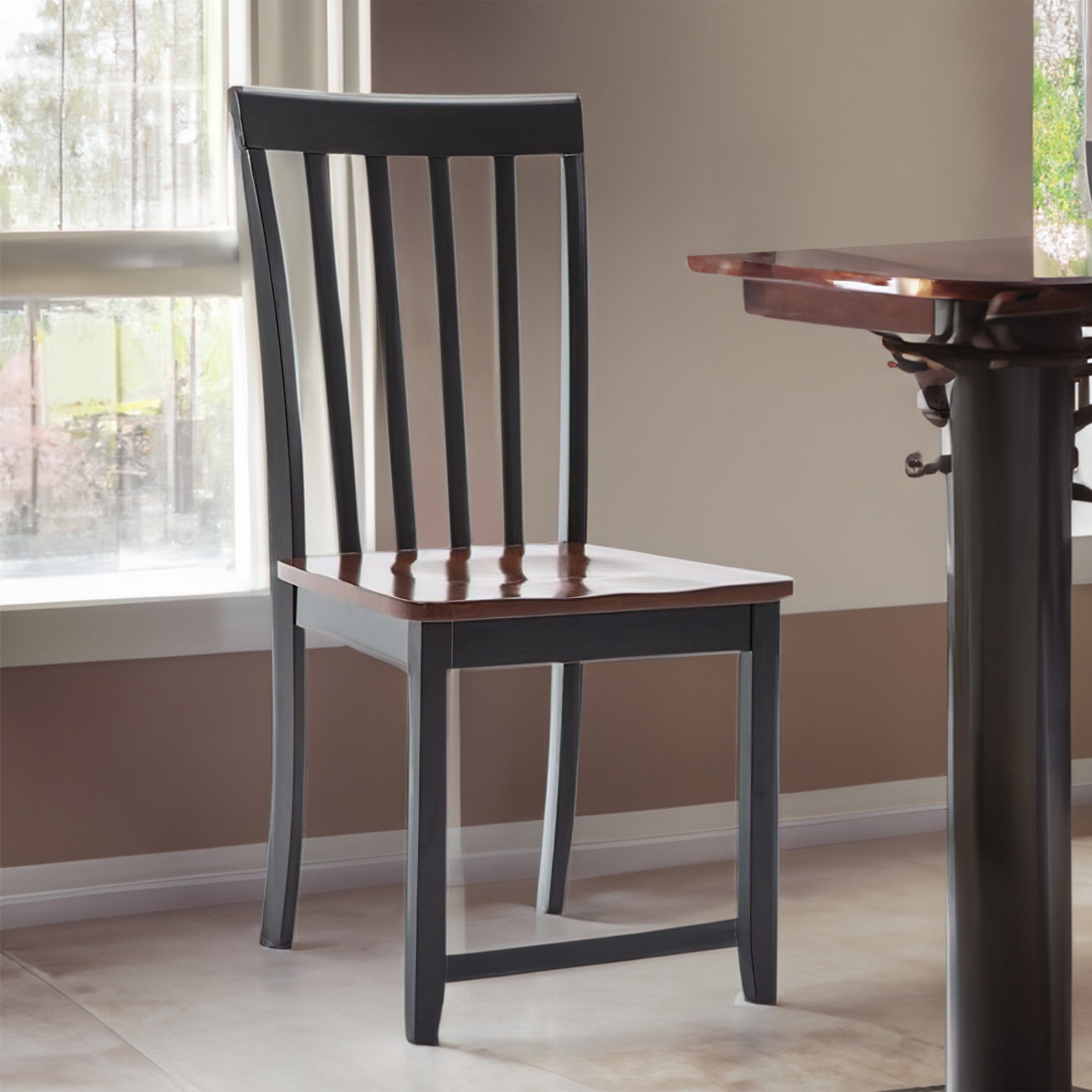Benjara Wooden Seat Dining Chair with Slatted Backrest, Set of 2, Brown And Black