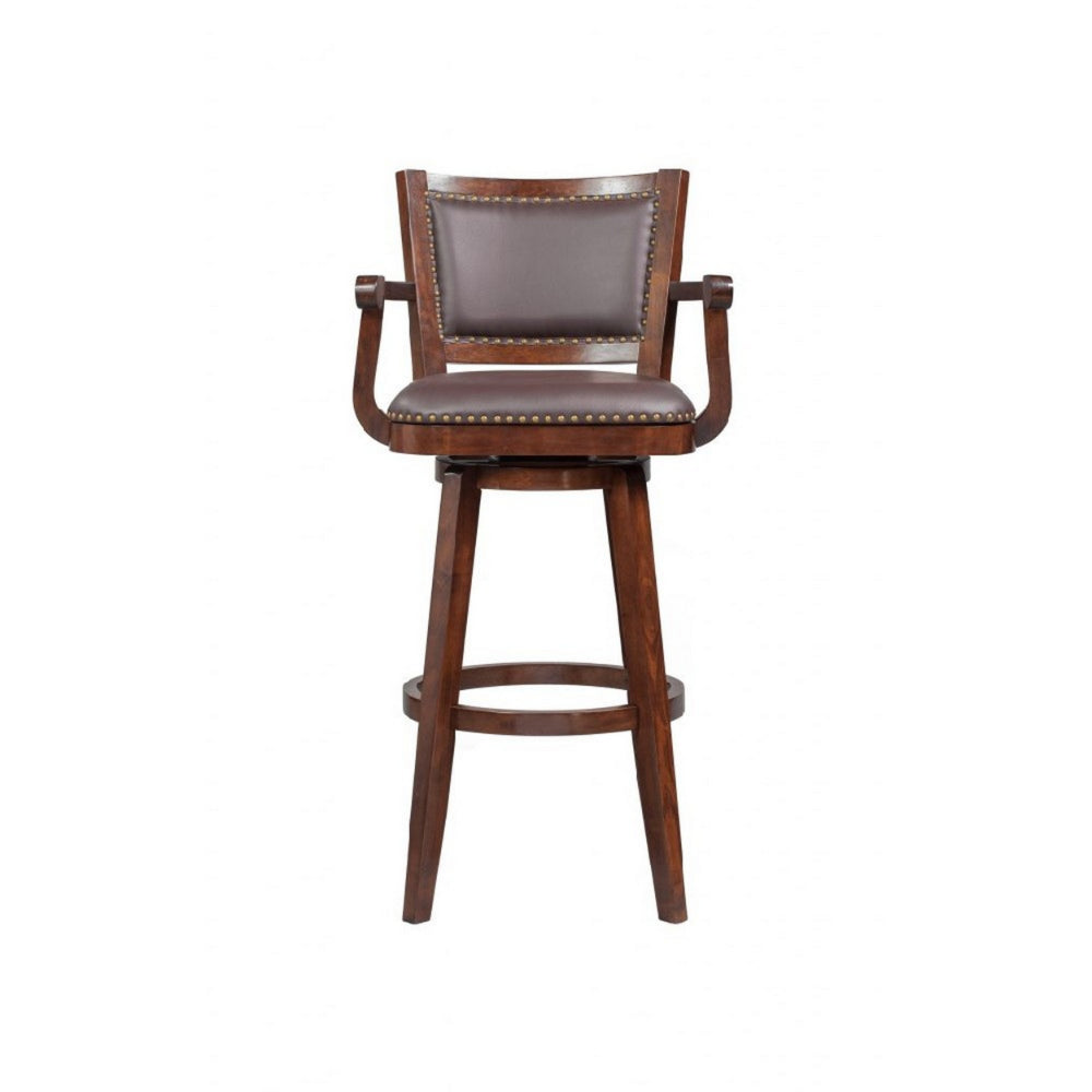 Benjara Nailhead Trim Faux Leather Upholstered Barstool with Wooden Arms, Dark Brown