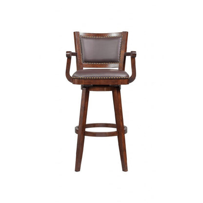 Benjara Nailhead Trim Faux Leather Upholstered Barstool with Wooden Arms, Dark Brown