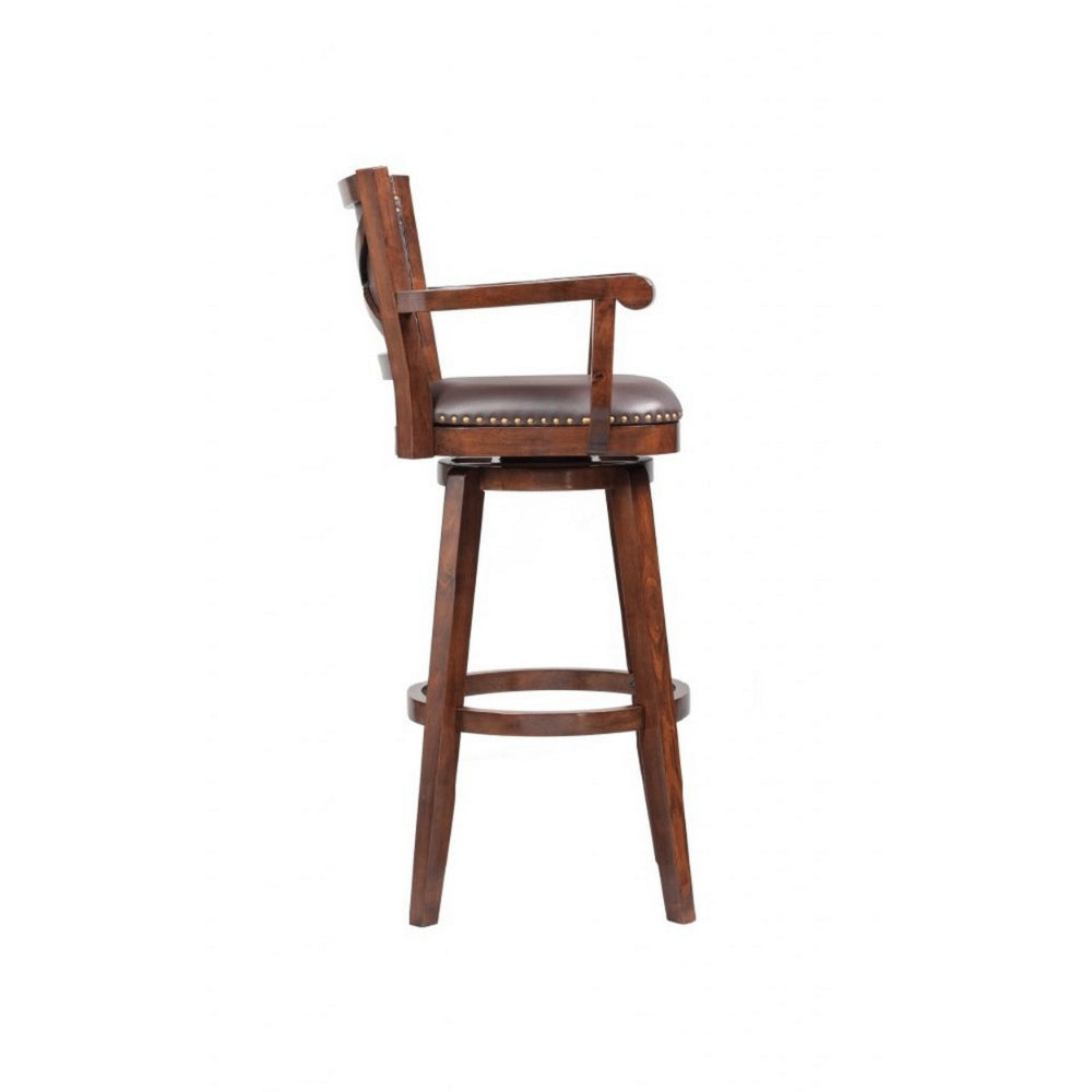 Benjara Nailhead Trim Faux Leather Upholstered Barstool with Wooden Arms, Dark Brown
