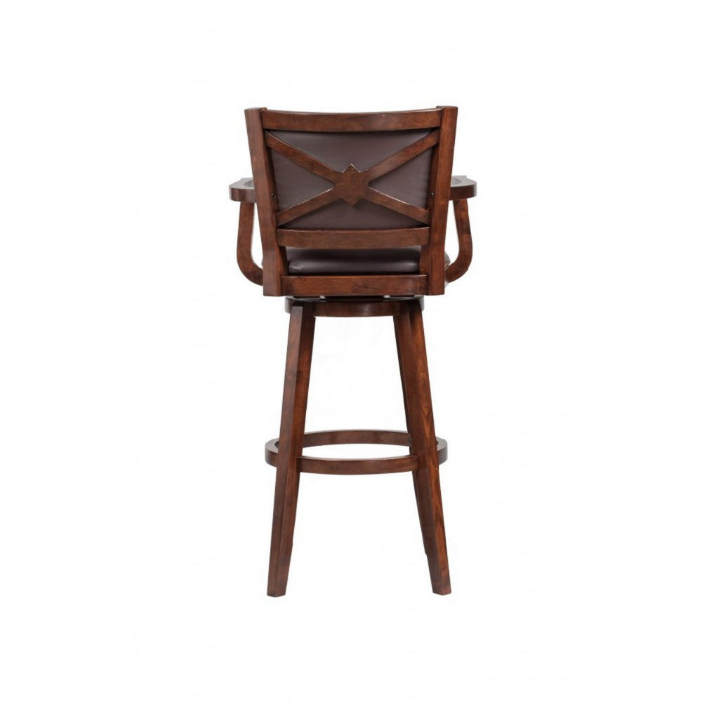 Benjara Nailhead Trim Faux Leather Upholstered Barstool with Wooden Arms, Dark Brown